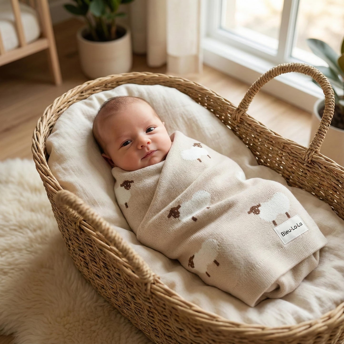 Bleu La La Whimsy Collection - 100% Luxury Cotton, Soft, Cozy, Lightweight, Receiving Blanket for Newborns & Infant Baby Boys & Girls (01 - Sheep - Khaki)