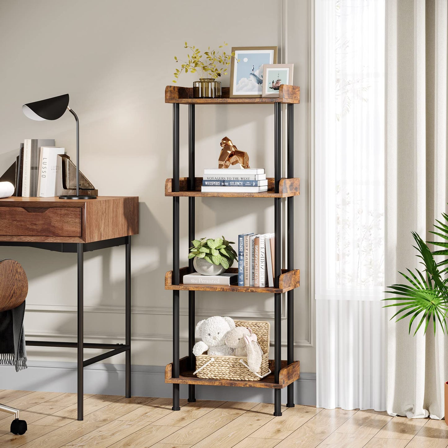 Hosfais Bookshelf Small Book Shelf, 4 Tier Wood Bookcase Industrial Bookshelf Metal Standing Book Shelves Display Book Rack for Living Room Bedroom Home Office (Rustic Brown)