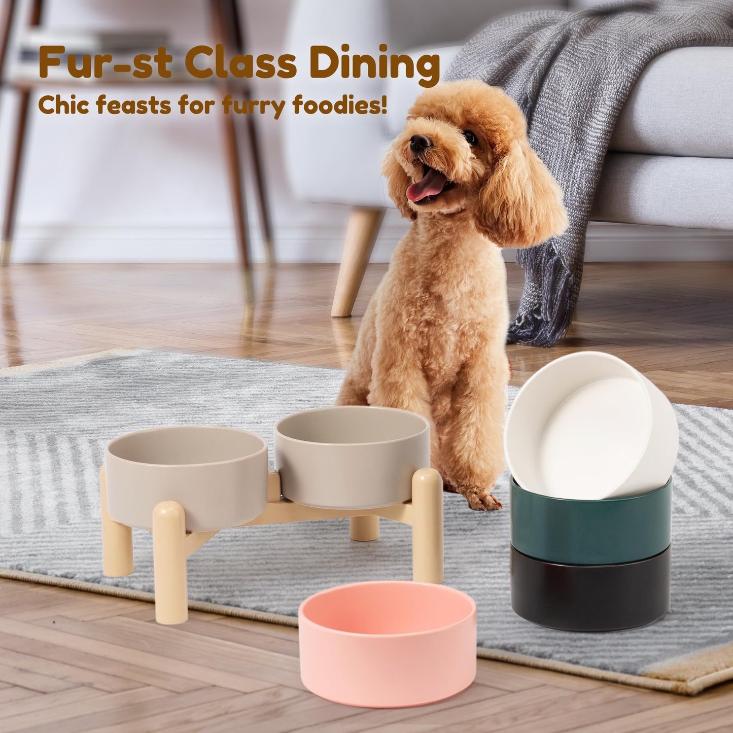 Elevated Ceramic Dog Bowl Set of 2 - Double Dishes with Non-Slip Stand - Raised Food and Water Bowls - Ideal for Small to Medium Dogs - Each Holds 2 Cups (28.75 fl oz) - Grey