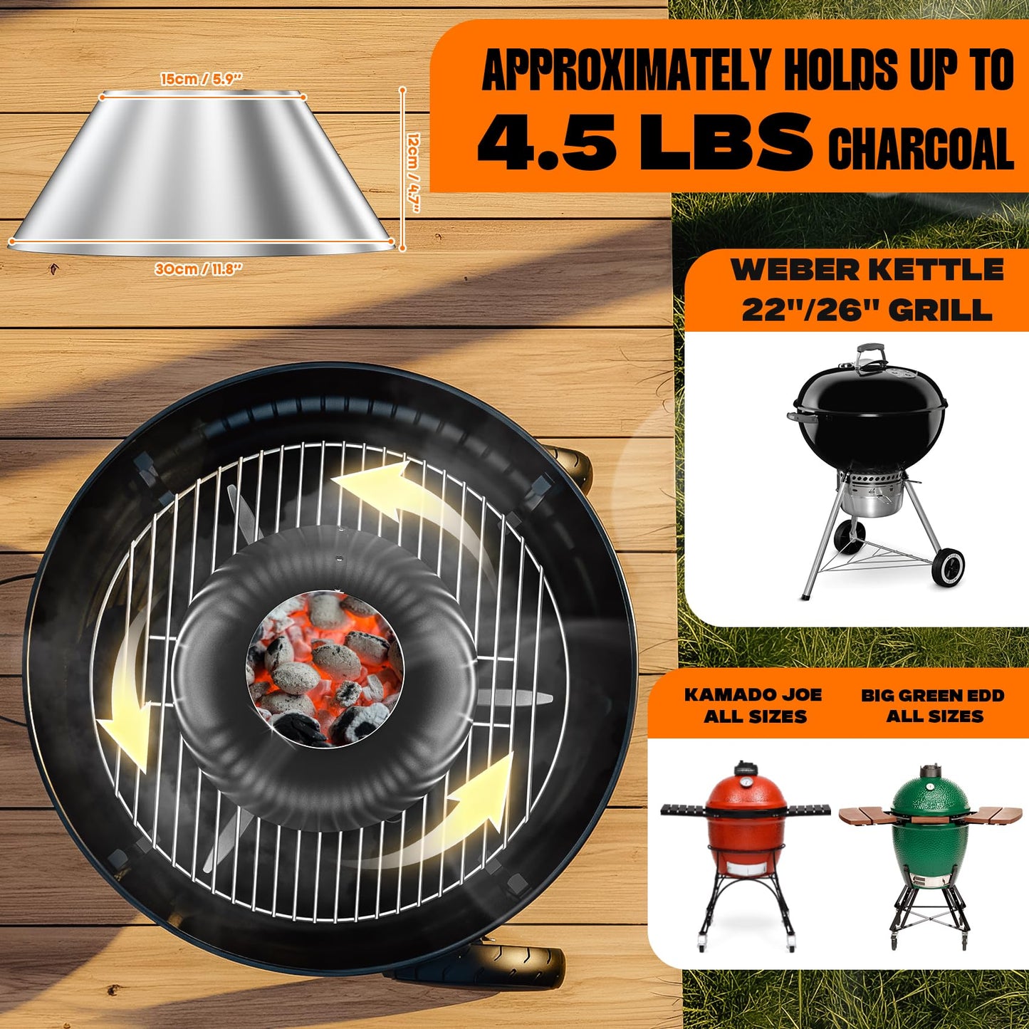 only fire Stainless Steel Charcoal Briquet Holder BBQ Whirlpool for Weber Kettle, WSM Smoker, Big Green Egg Grills