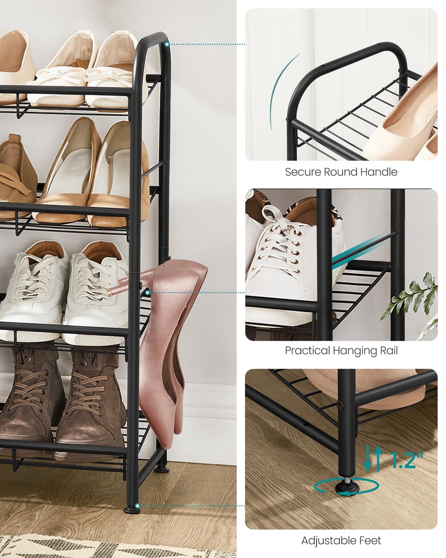 SONGMICS Stackable Shoe Rack, 4-Tier Shoe Storage Organizer, Hold up to 16 Pairs, Black ULMR067B01