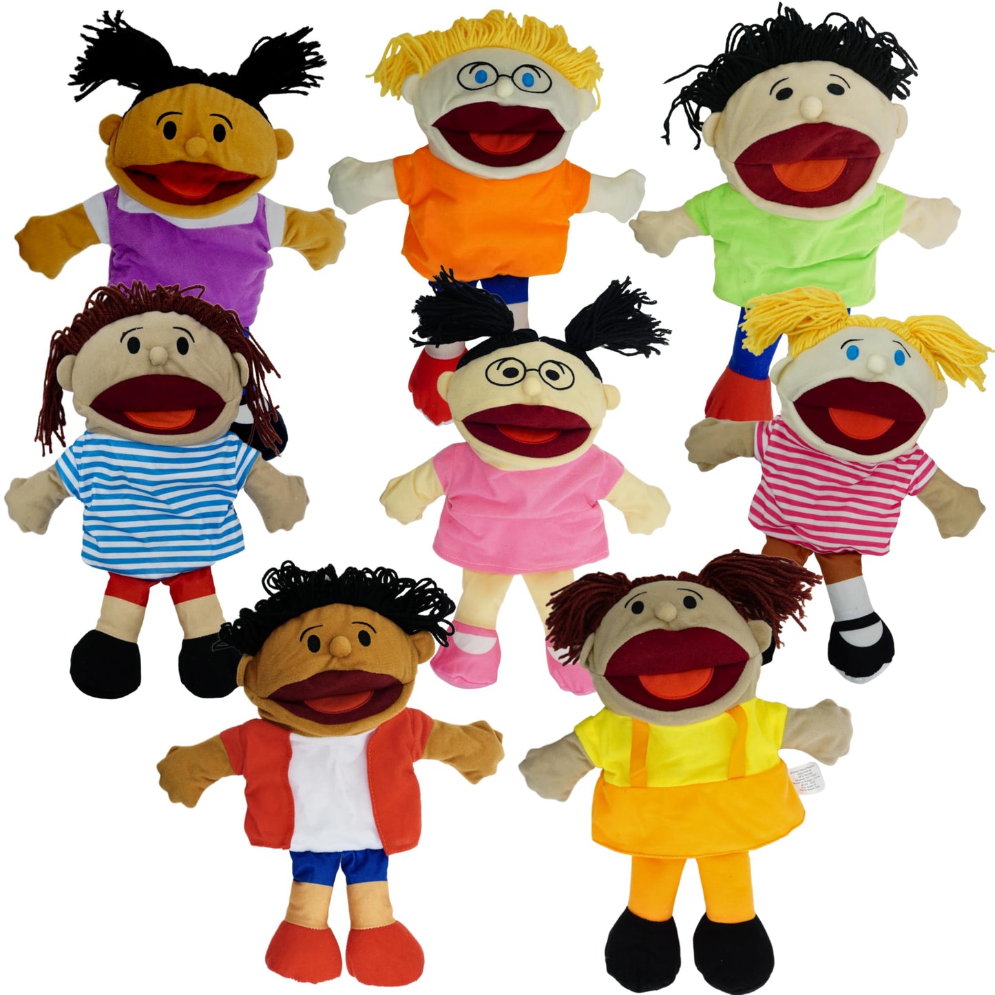 8 Hand Puppets for Kids, Multicultural Puppets with Movable Mouth (8 Pack) Bulk Soft Plush Puppets, School Home Puppet Theater Shows Toys, Teachers Classroom Supplies