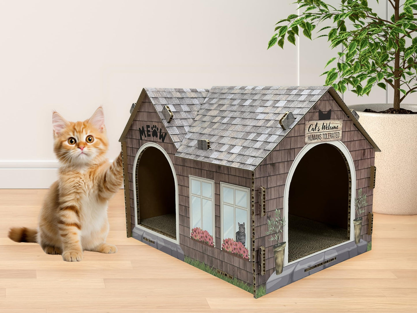 40EAST Cardboard Cat House Hideaway Playhouse with Cat Scratcher Scratching Pad_Cat Haven. (601, CH1, PAA230601)