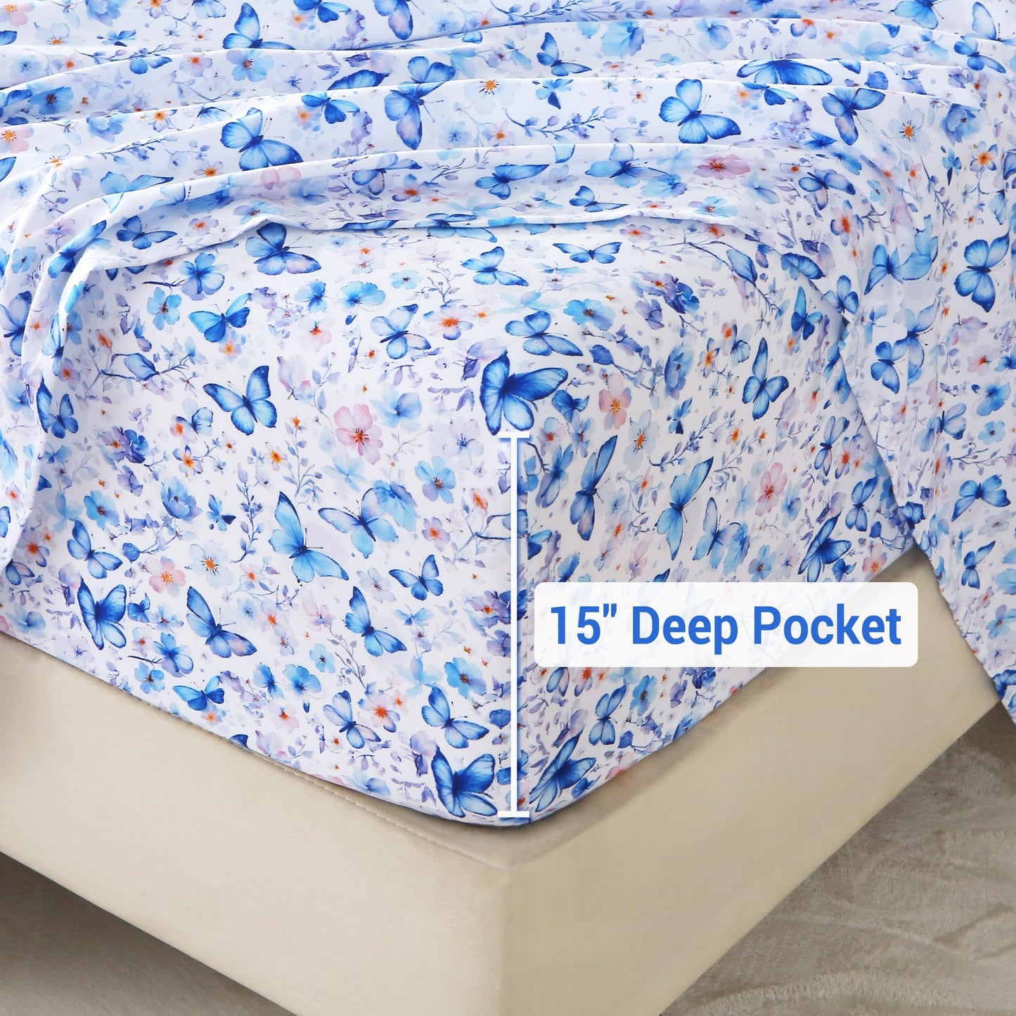 Softan Queen Floral Sheets, Microfiber Blue Flower Printed Fitted Sheets with Non-Slip Straps and 15" Deep Pocket, Butterfly Patterned Cozy Bed Sheets Queen, Buttertfly Sheets & Pillowcase Sets