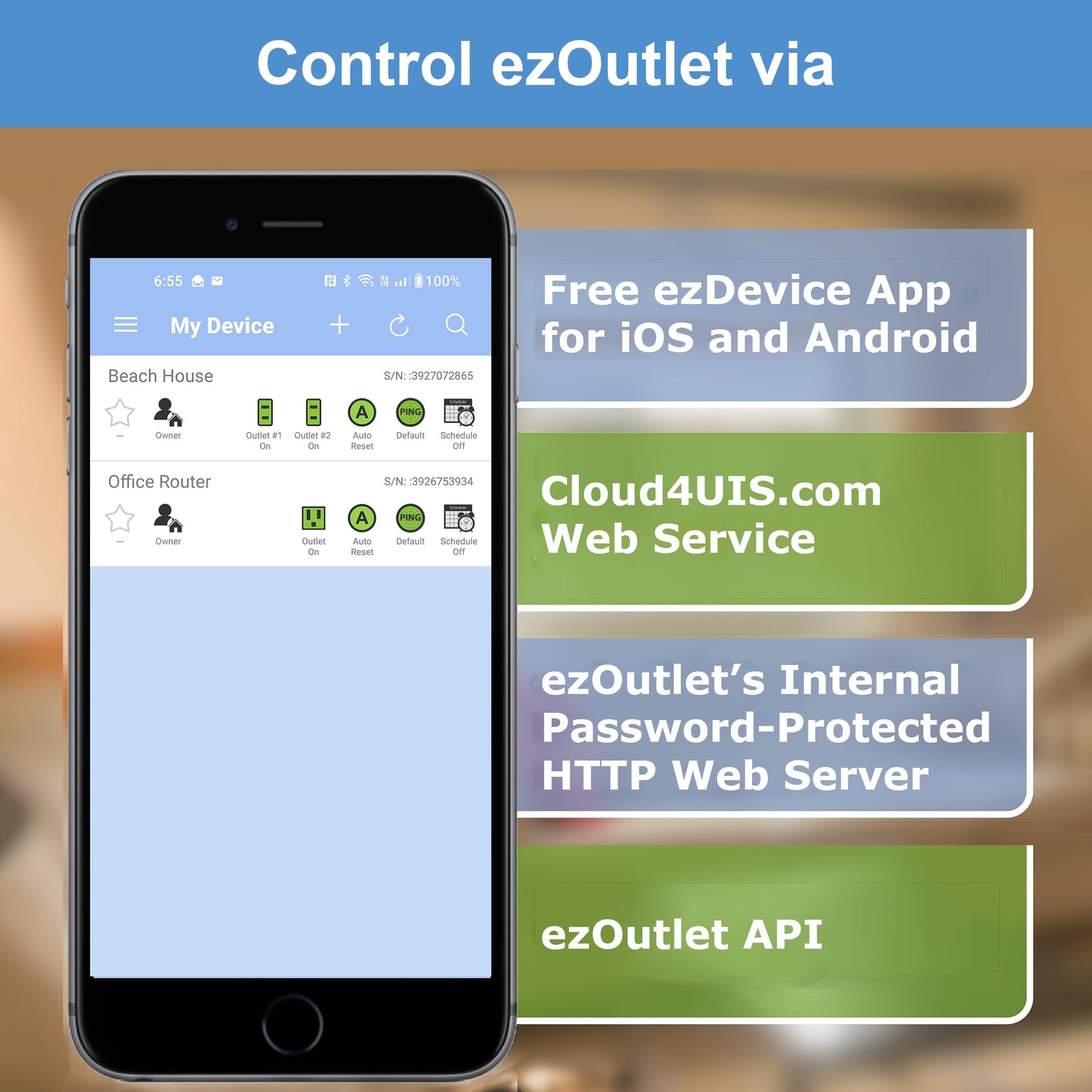 ezOutlet5-2R - Dual Outlet Internet Enabled IP & WiFi Remote Power Switch with Automatic Reboot - iOS | Android | Cloud | 2 Web Controllable AC Power Outlets - Model EZ-73a