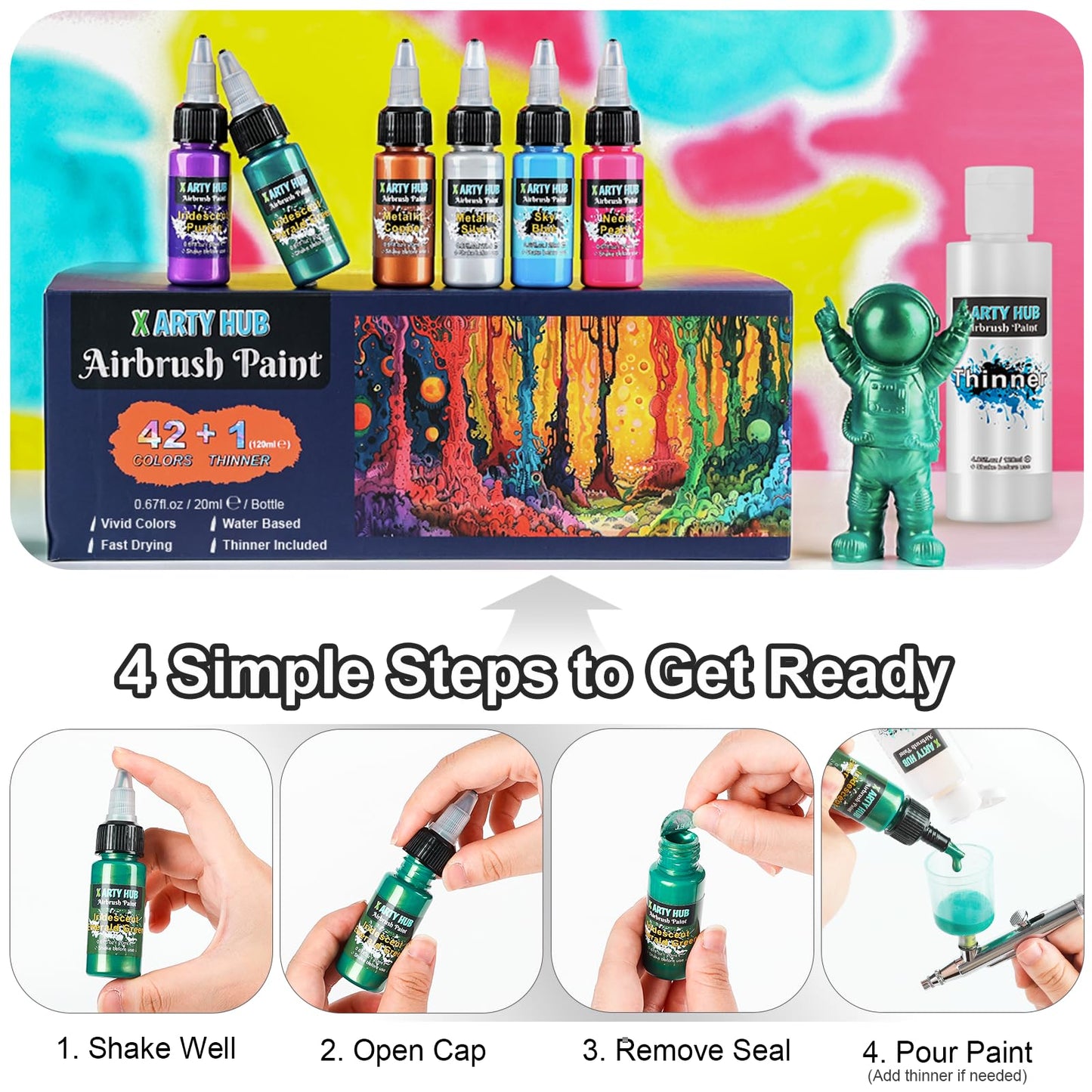 X ARTY HUB Airbrush Paint - 42 Colours Air Brush Painting Set with 120 ml Thinner, Iridescent, Neon & Metallic Acrylic Paints, Ready-to-Spray, Water-Based for Paper, Canvas, Wood, Fabric, Models