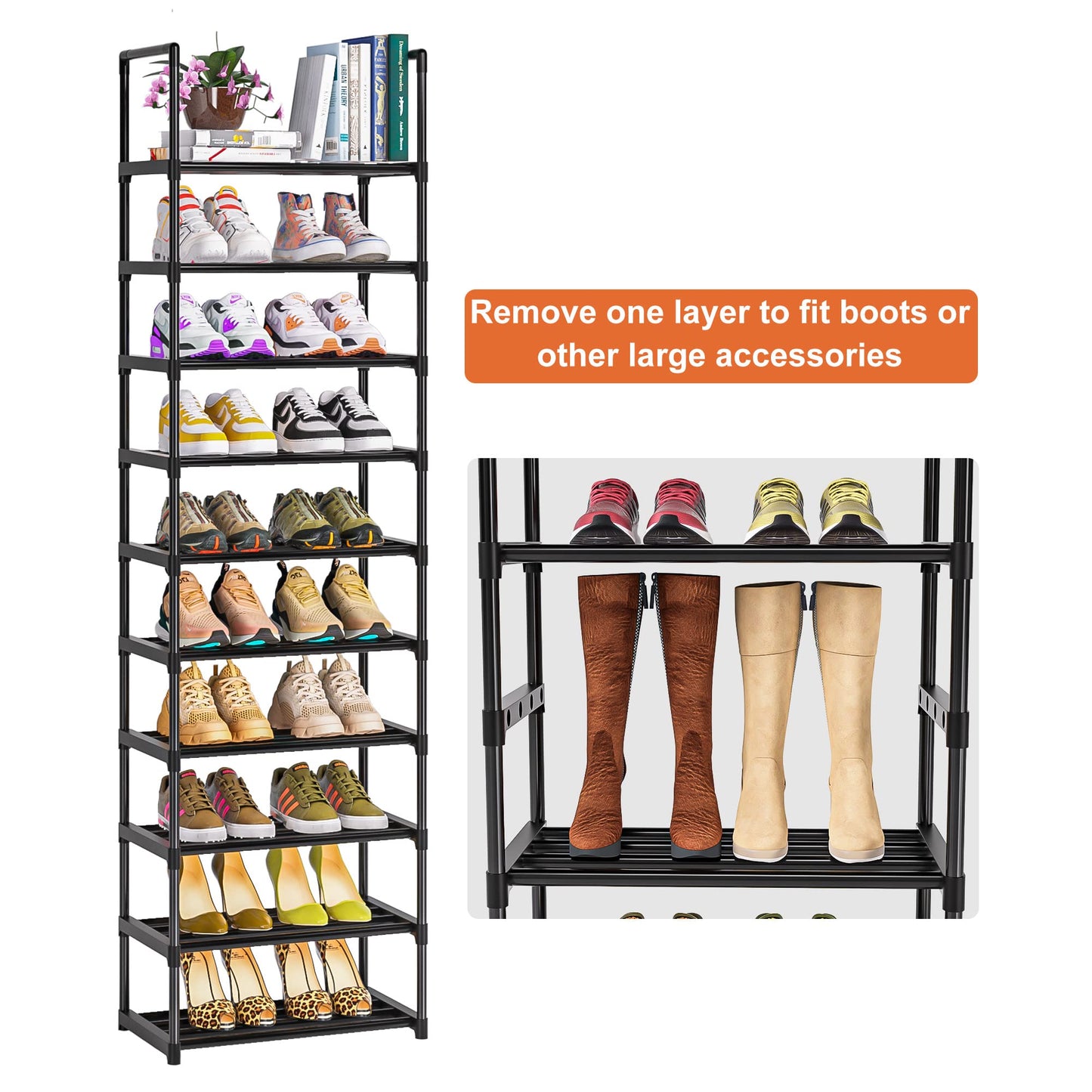OYREL 10 Tier Shoe Rack,Sturdy Metal Shoe Organizer, Narrow Shoe Rack, Shoe Racks for Closets, Black Shoe Shelf
