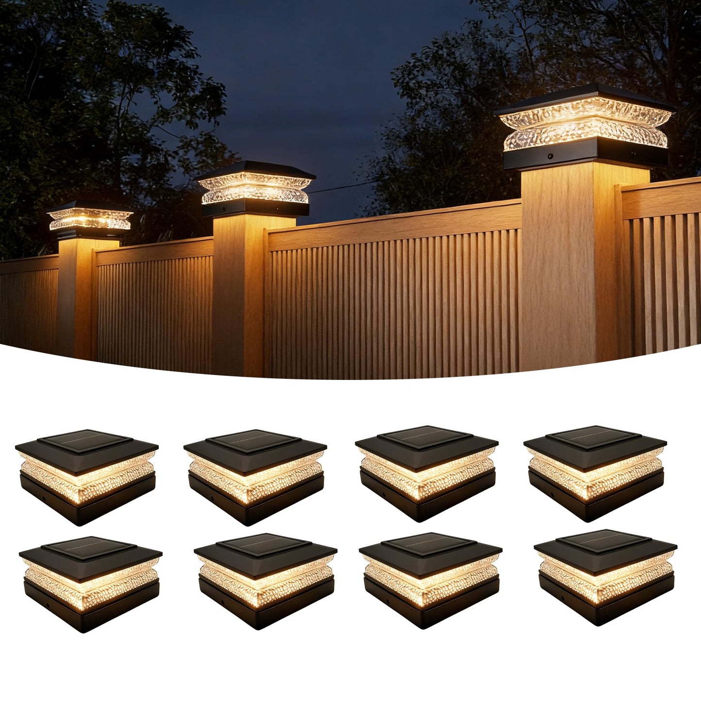 FIONSUN Solar Flame Post Lights Outdoor, Solar Powered Fence Post Cap Lights, High Brightness Flickering Flame SMD LED Lighting Decor for Garden Deck Patio, 4x4, 5x5 (8 Pack)