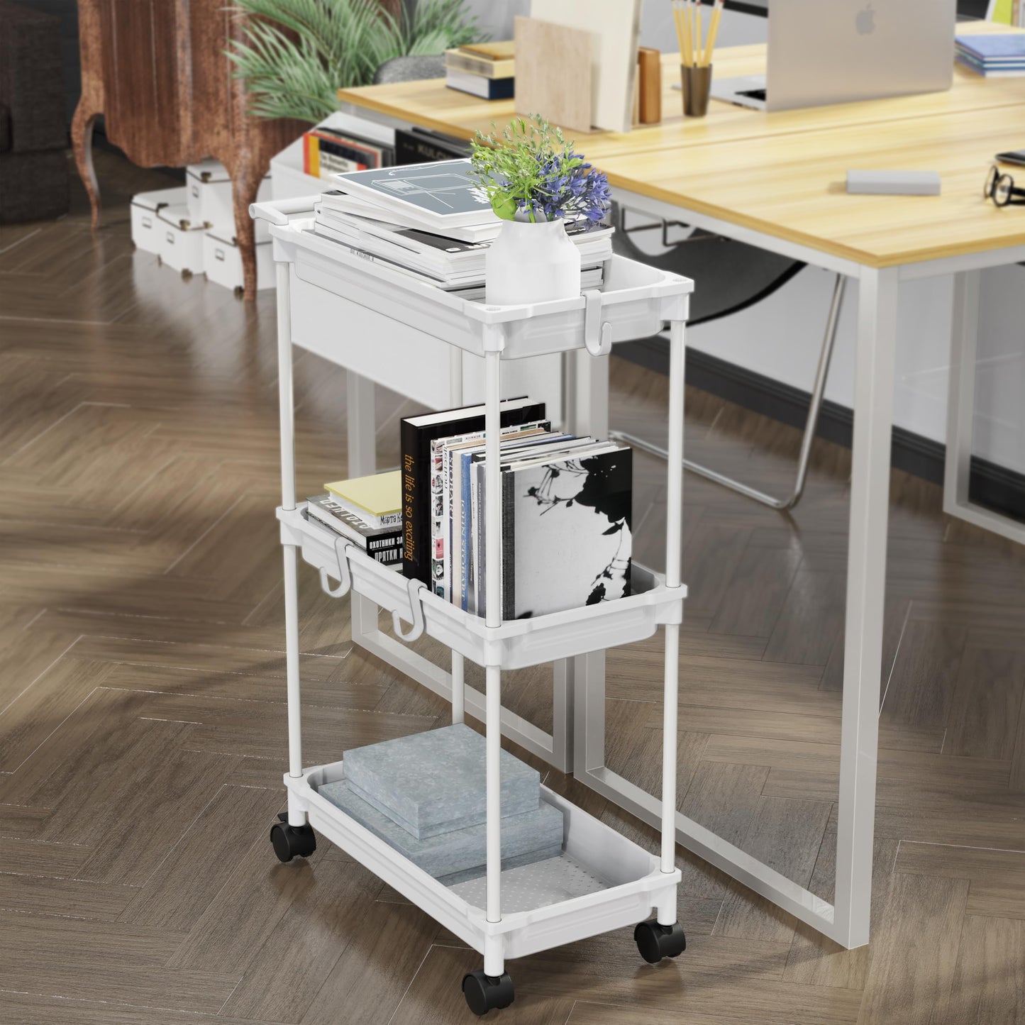Simple Houseware 3-Tier Slim Storage Cart - Narrow Rolling Utility Cart on Wheels for Tight Spaces - Bathroom, Kitchen & Laundry Organizer, White