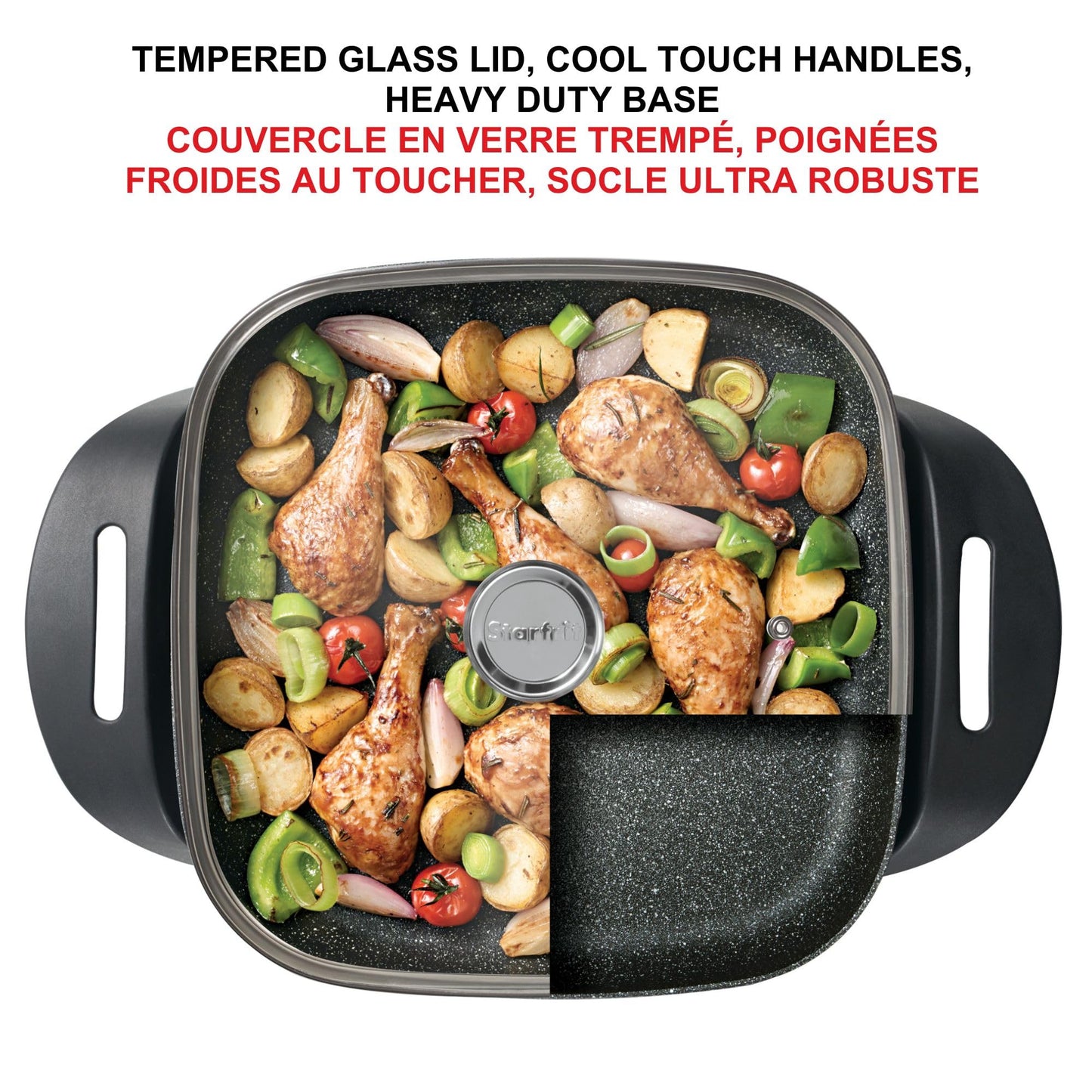 Starfrit The Rock Electric Skillet - 12" x 12" - Rock.Tec Non-Stick Cooking Surface - Tempered Glass Lid - 1200W