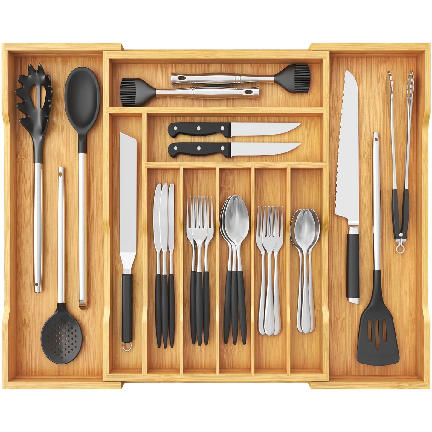 Lifewit Silverware Drawer Organizer, Expandable from 15.6 to 28", 10 Slots Utensil Tray for Kitchen, Bamboo Flatware and Cutlery Organizer, Wood Adjustable Storage for Spoons Forks Knives, Natural