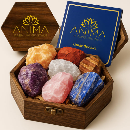 Anima Premium 7 Chakra Healing Crystals Set for Energy Alignment - Large Raw Amethyst, Rose Quartz, Citrine, Lapis Lazuli, Clear Quartz, Tigers Eye & Red Jasper - Wooden Gift Box & Guidebook Included