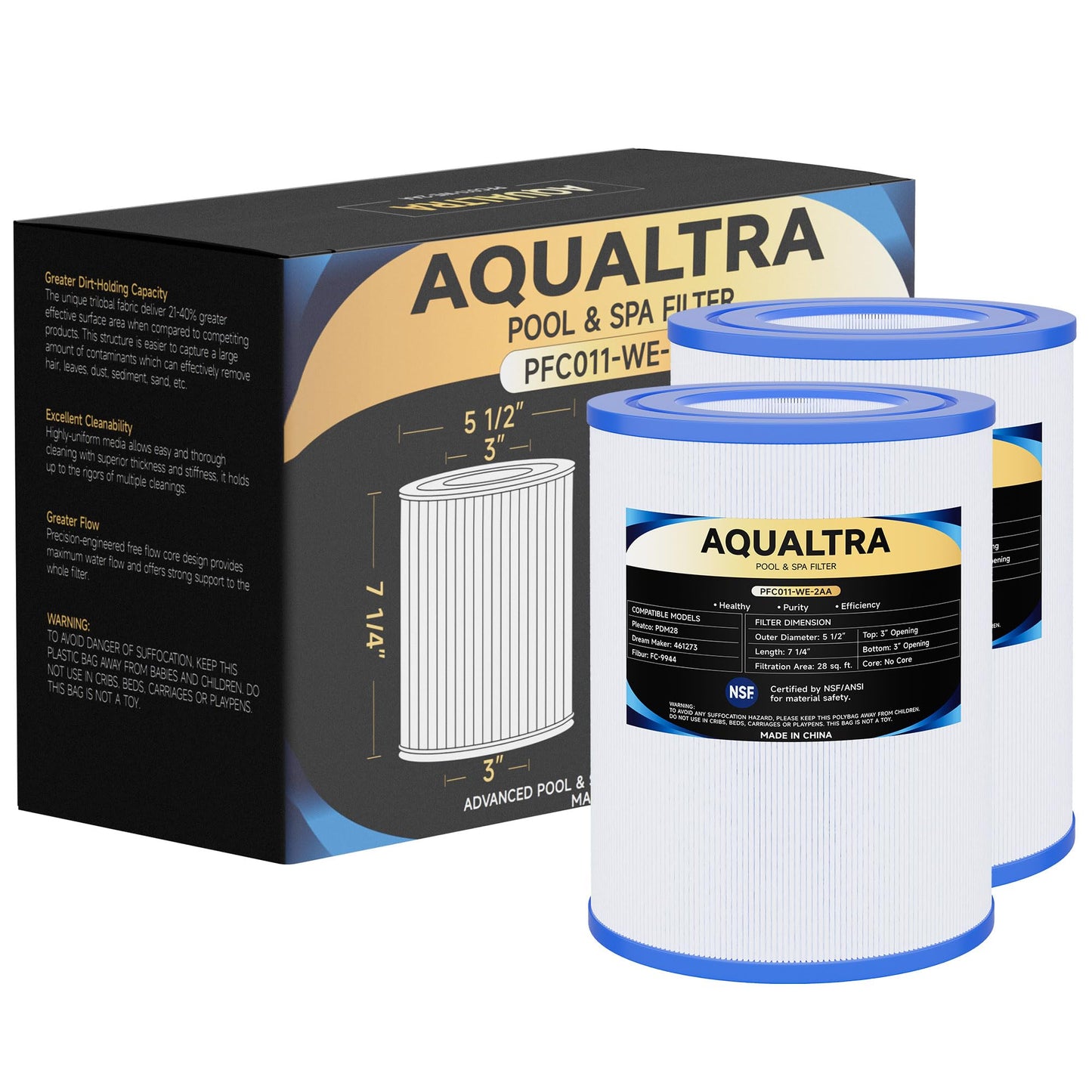 AQUALTRA Spa Filter Replacement Compatible with PDM28, Dream Maker 461273, FC9944, FC-9944 Cartridges, SD-01392, 28 sq.ft. 5 1/2" x 7 1/4" Drop in Hot Tub Filter 2 Pack