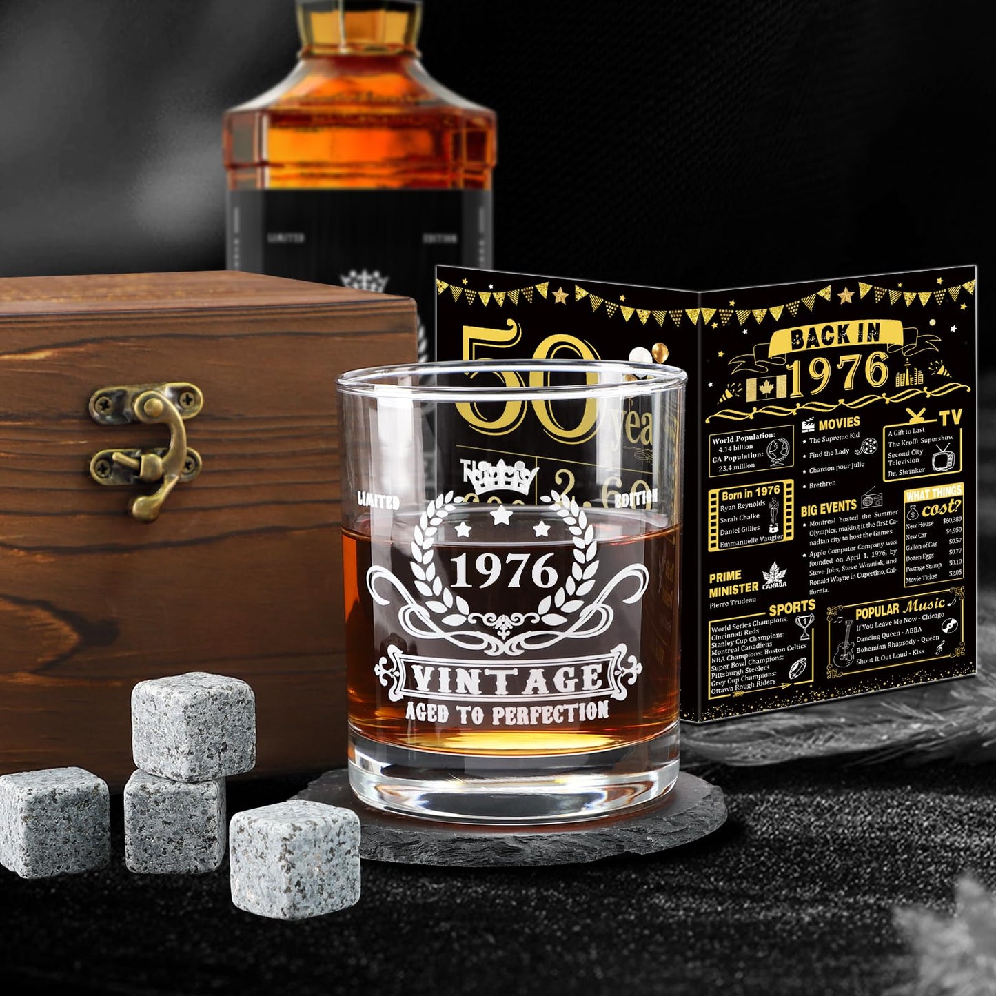 50th Birthday Gifts for Men,Vintage 1976 Whiskey Glass Set,Wood Box & 1976 Poster Anniversary Card &Whiskey Coaster & Stones,Bday Gifts Ideas for Him, Dad, Husband