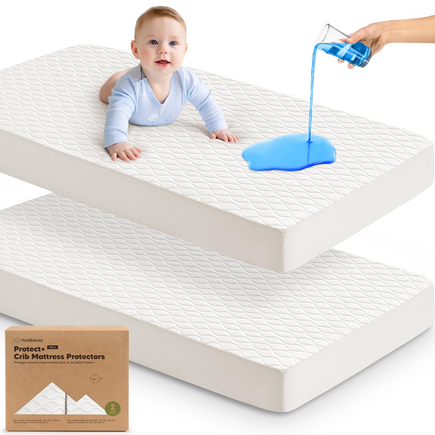 Waterproof Crib Mattress Protector Cover Fitted - 2-Pack Quiet Baby Mattress Topper Crib Sheets, 52" x 28" Soft Quilted Cotton Baby Sheet, Easy Fit, Durable Toddler Liner (Soft White)