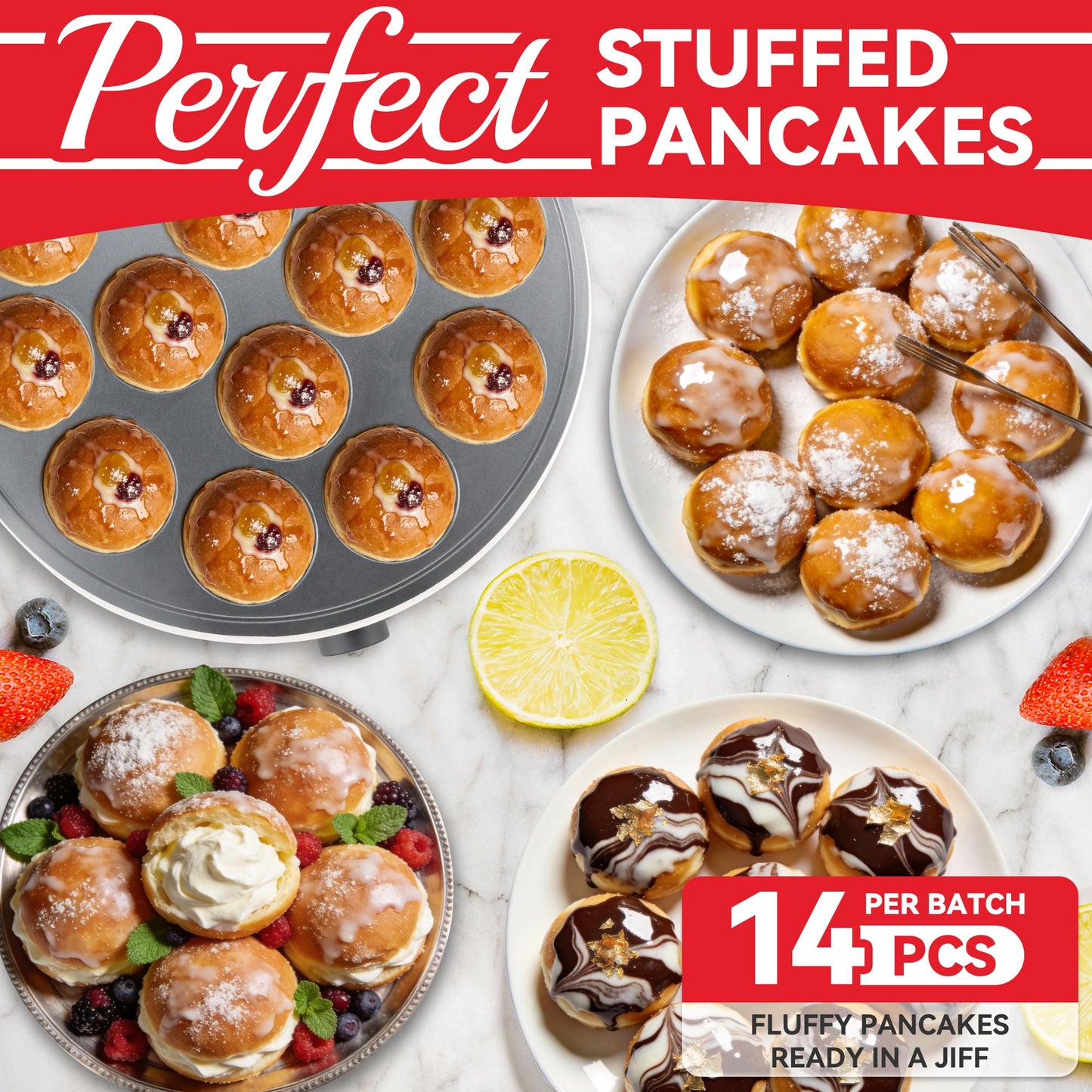 SugarWhisk Mini Pancakes Maker Machine with 14 Larger & Deeper Grooves, Electric Mini Pancake Pan, Aebleskiver Pan, Ebelskiver Pan, Browning Controllable, White
