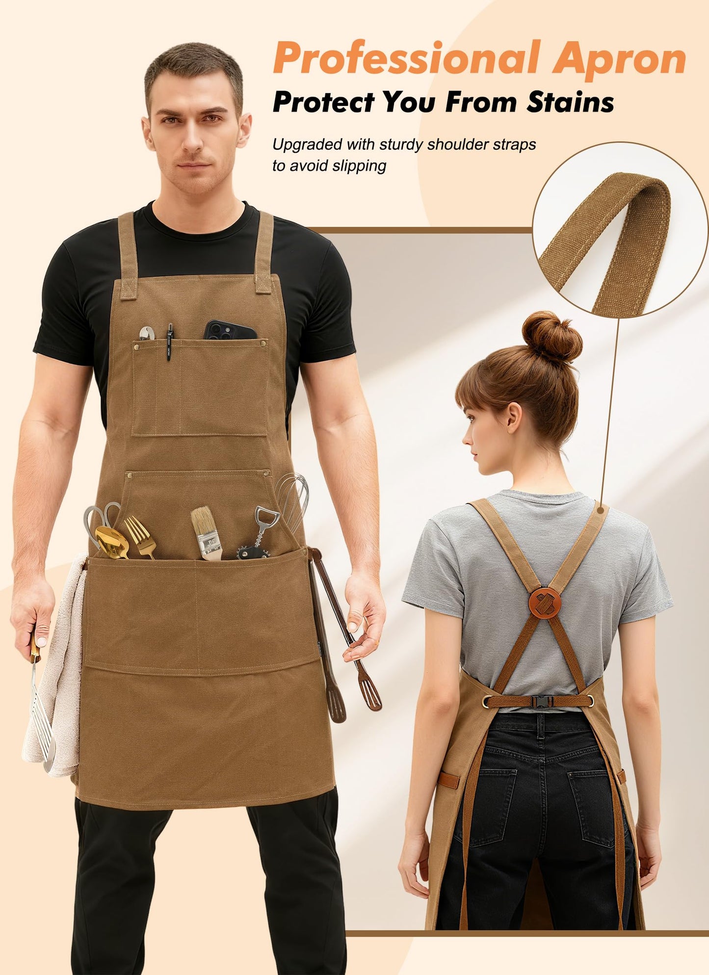 Fammio Chef Apron for Men BBQ, 16oz Cotton Canvas Aprons with 7 Pockets/Cross Back Straps/Quick Release Buckle, Durable Heavy Duty Apron for Kitchen Cooking, Paiting, Baking (Camel,L)