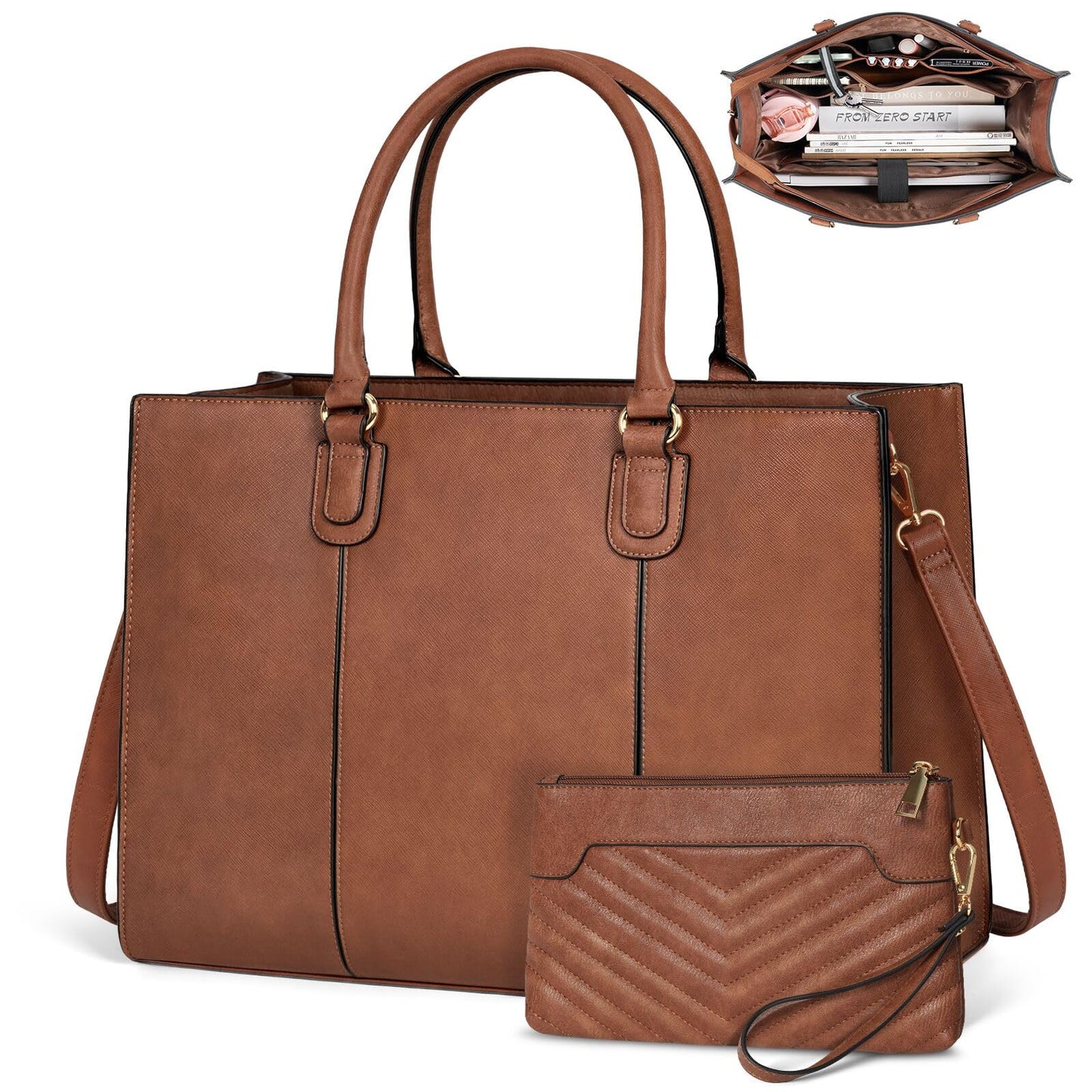 NUBILY Laptop Bags for Women 15.6 Inch Work Tote Bags Womens Laptop Purse Waterproof PU Leather Laptop Briefcase for Office Computer Bag Women Travel Handbag Shoulder Bag Brown