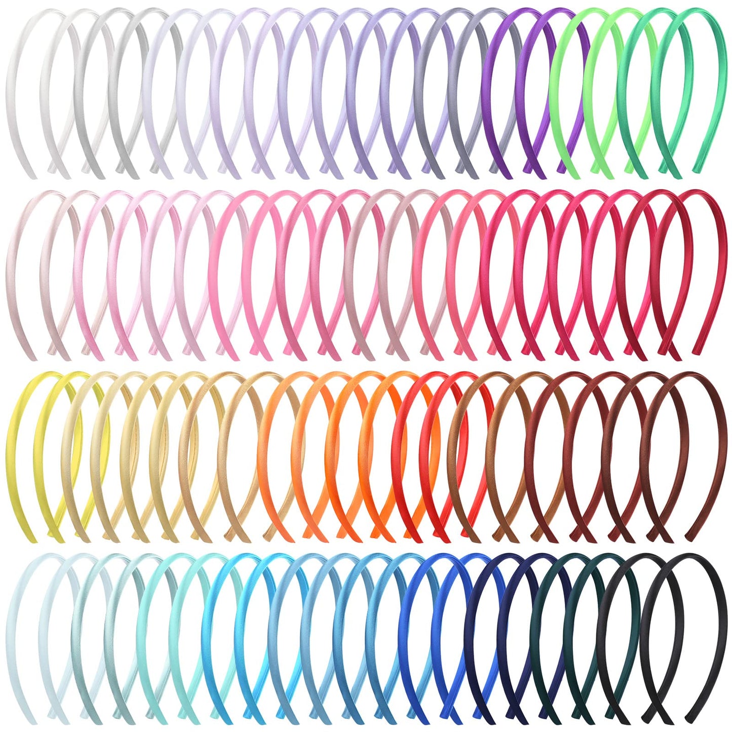 Xunyee 100 Pieces Thin Satin Headbands for Women Girls 0.4 Inch DIY Satin Covered Headbands Bulk Colorful Ribbon Head Bands Plain Hairbands Narrow Hair Band(Multi Colors)