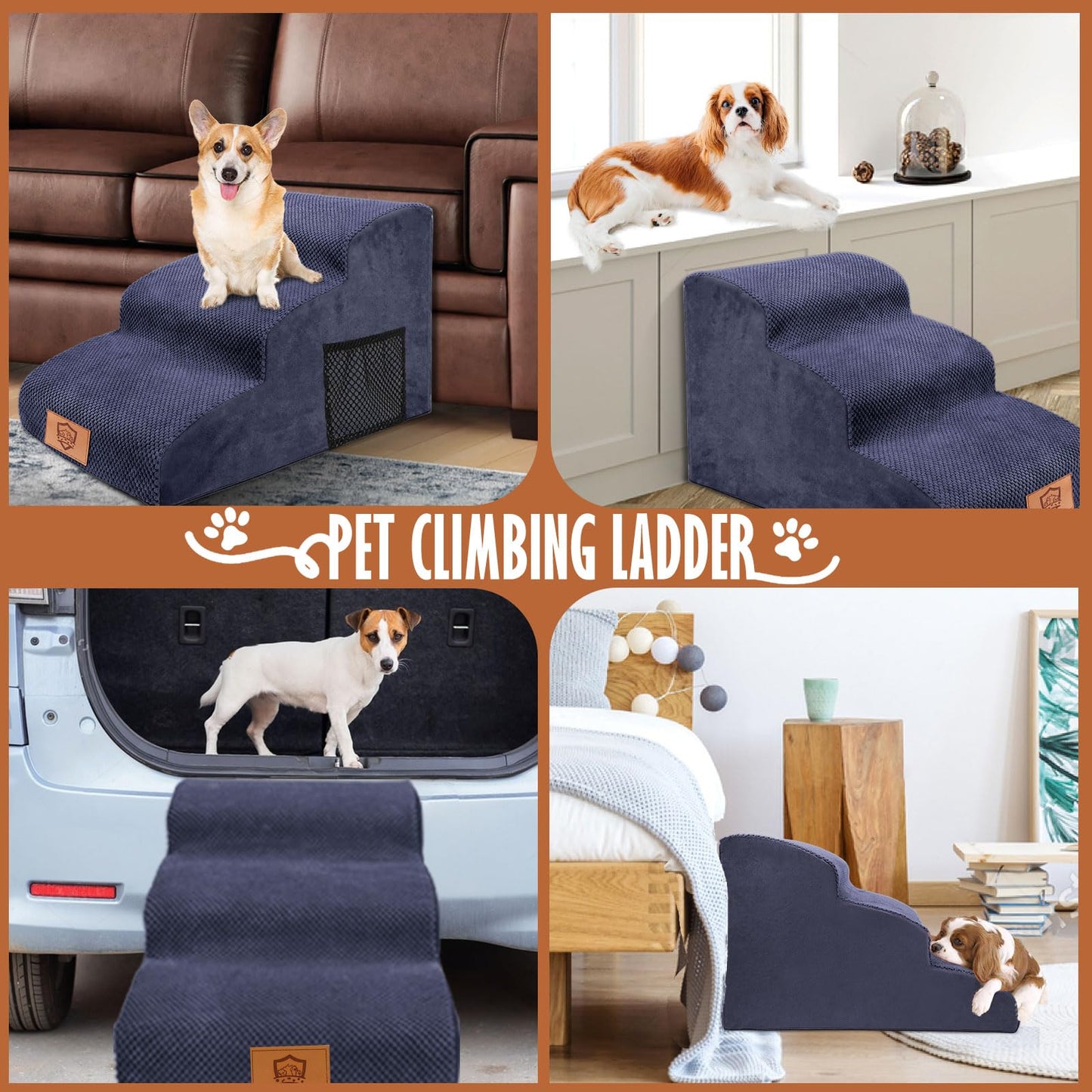 Almcmy 3-Step Dog Stairs for Small Dogs 15.7" H, Foam Pet Stairs for High Bed, Soft Dog Steps with Removable Cover, Non-Slip Dog Ramp Pet Steps for Old Cats, Injured Dogs, Elderly Pets, Blue