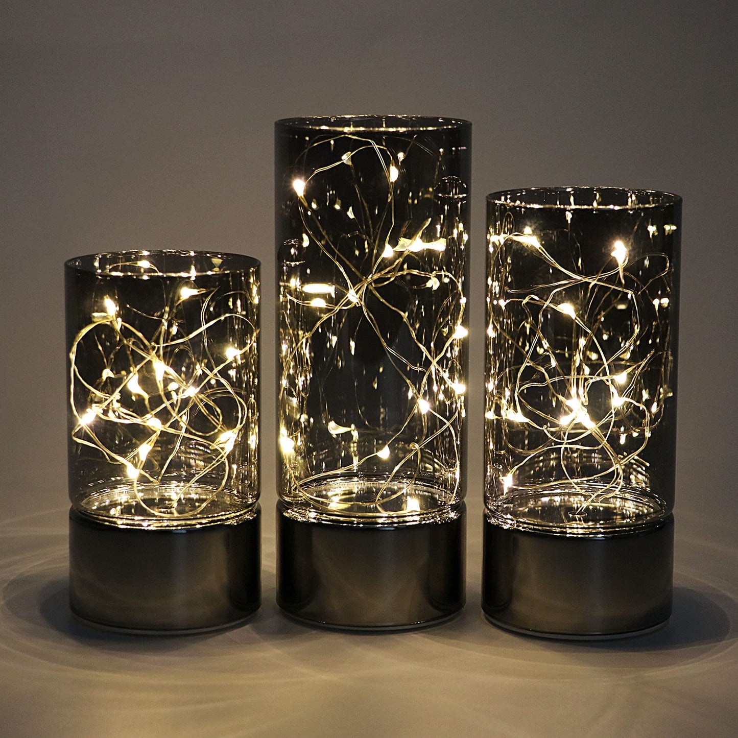 Rhytsing Set of 3 Glass Cylinder Lanterns with Fairy Lights, Decorative Table Lamp Flameless Candle with Timer Function