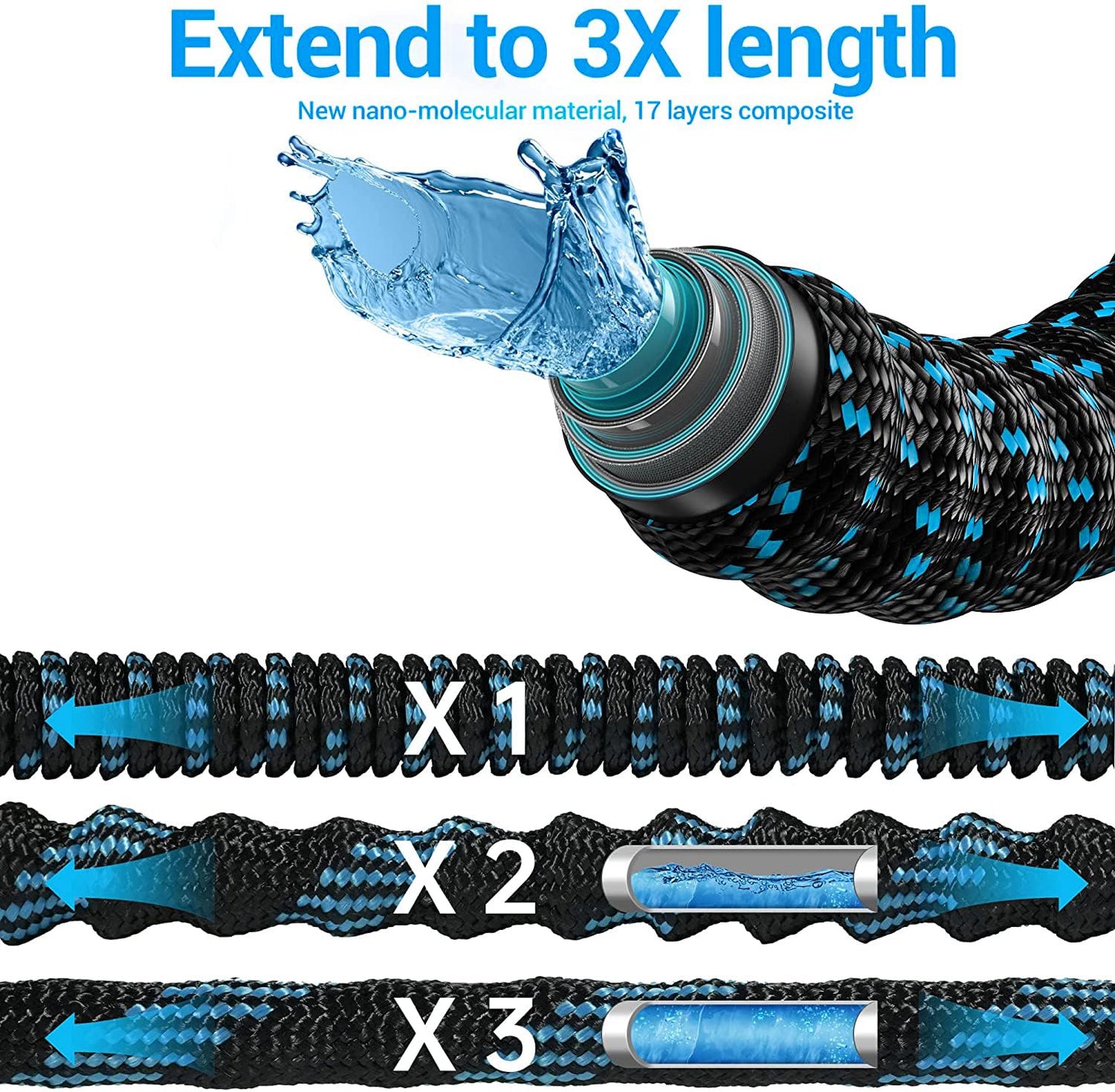 50 ft Expandable Garden Hose with 10 Spray Nozzle - Heavy Duty Superior Strength 3750D - 4 -Layer Latex Core - Expanding Water Hoses - Extra Strong Brass Connectors/Storage Bag