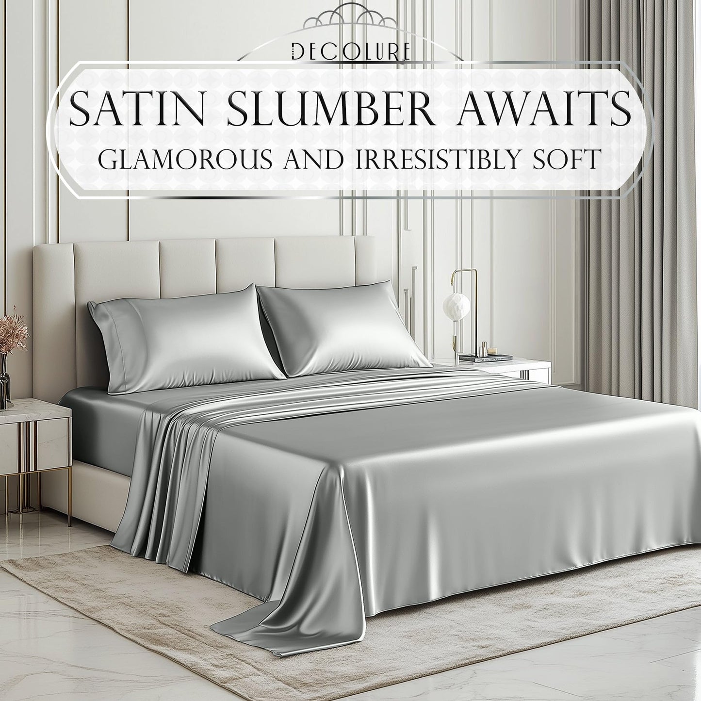 DECOLURE Satin Bed Sheets - 4 Piece Luxury Silky Queen Size Bedding Set - Softer Than Silk, Wrinkle-Free with 15” Deep Pocket Fitted Sheet, Perfect for Hair & Skin, Gifts for Women (Grey)