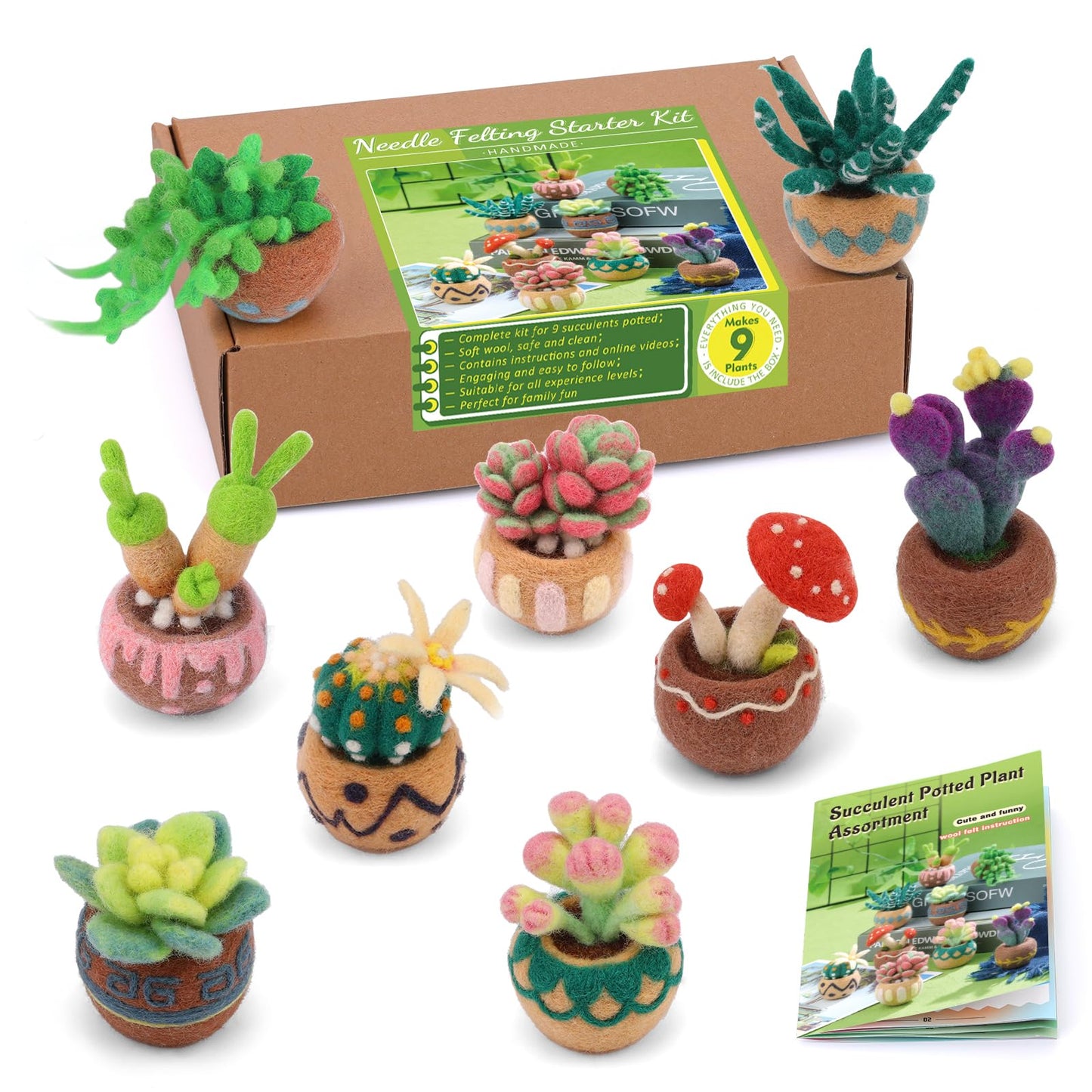 Yizzvb Needle Felting Kit, 9 PCS Succulent Felting Kit for Beginners Adult, Wool Felting Kit with Wool, Needles and Mat for DIY Craft