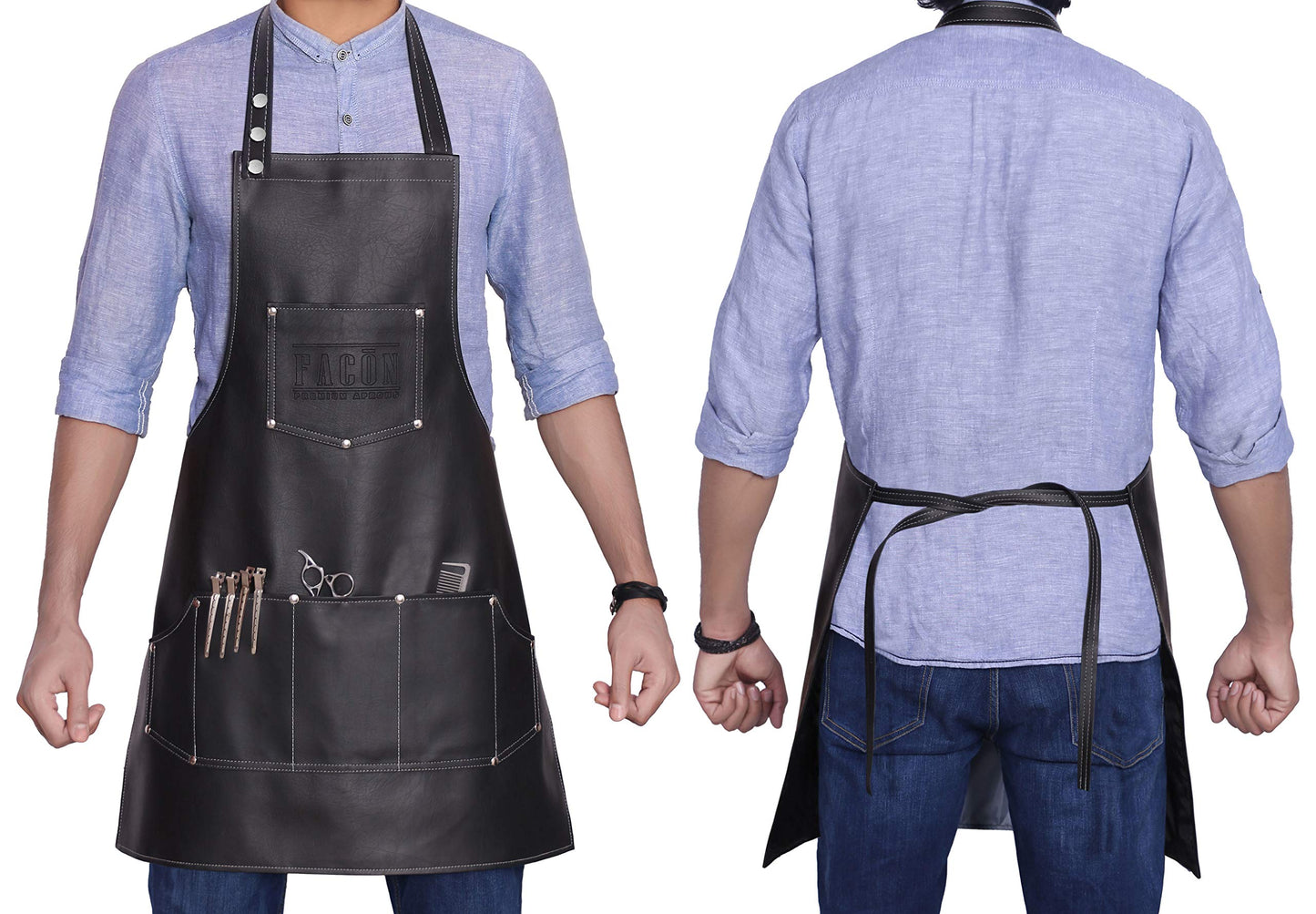Facón Professional Leather Hair Cutting Hairdressing Barber Apron Cape for Salon Hairstylist - Multi-use Adjustable with 8 pockets - Heavy Duty Premium Quality - Limited Edition - 30" x 24" (Black)