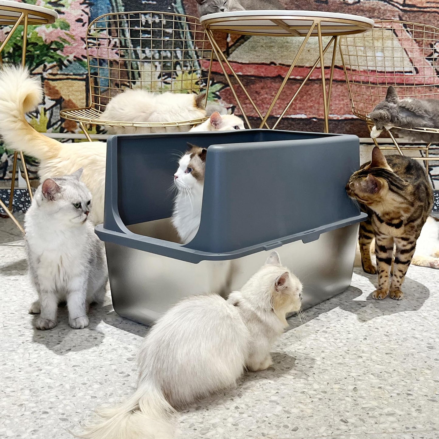 LIHOOOOM Enclosed Cat Litter Box,High Sided Stainless Steel Litter Box Anti-Leakage,Non-Stick Extra Large Litter Box with Lid,23.5" L x 15.5" W x 16" H(Grey)