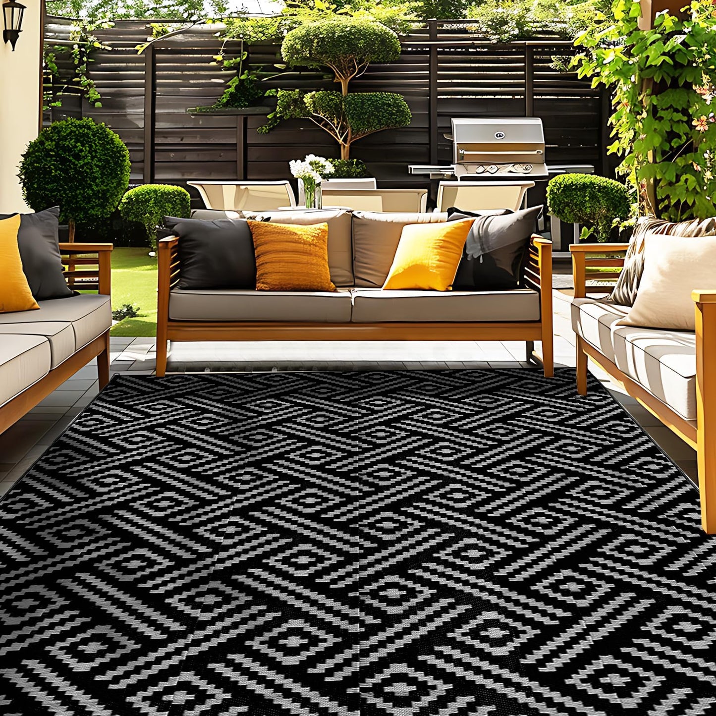 OPPODREAM Outdoor Rug 6x9 Ft, Waterproof Outdoor Plastic Straw Rug for Patio, Reversible Out Door Carpet for Camping, Deck, Rv, 6 x 9 Area Carpet Balcony, Porch, Backyard, Black and Grey
