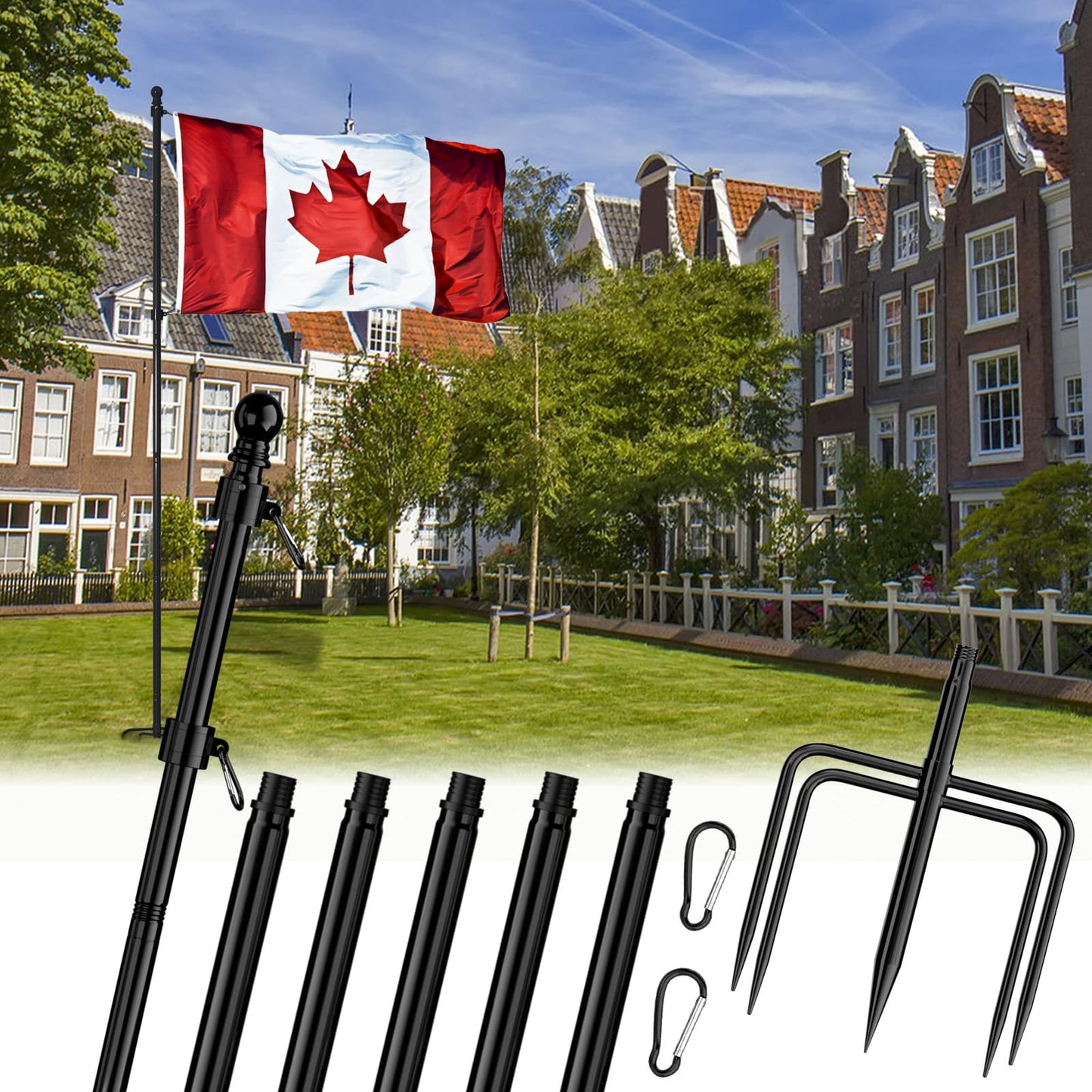 FIASON 8 FT Stainless Steel Tangle Free Flag Pole in Ground with 5 Pronges Base, Flag Poles for Outside House Residential or Commercial Flag Poles Kit(Black, Without Flag)