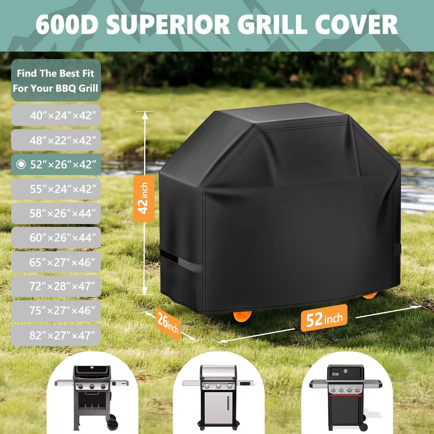 HomWanna BBQ Cover 52 Inch - 600D Grill Cover for Weber Spirit 300 & Spirit 400 Series Grills - Outdoor Barbecue Covers Waterproof Heavy Duty for Weber Spirit E310, E315, E325, E330, E-425 and E-435