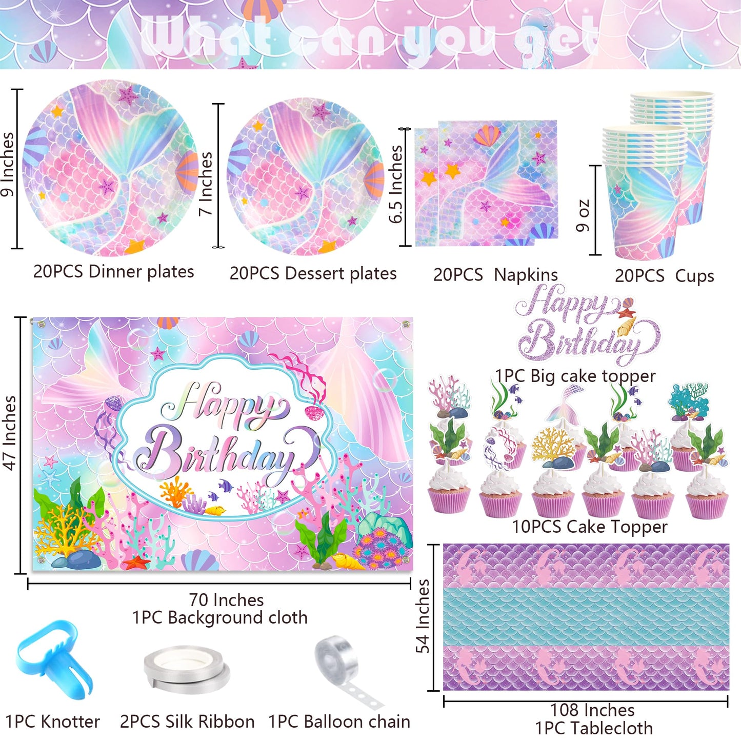 Mermaid Party Supplies - Mermaid Birthday Party Decorations Including Plate, Napkin, Cup, Tablecover, Happy Birthday Backdrop, Balloon Arch Kit for Girls Baby Shower Decor, Serves 20
