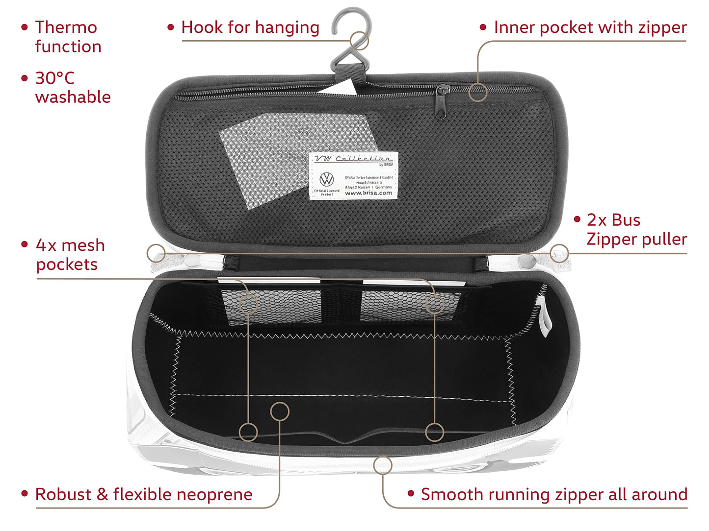 BRISA VW Collection - Volkswagen Neoprene Universal Makeup Cosmetics Toiletry Travel Pharmacy Bag in T1 Bus Design (Hibiscus/Red) (Large (30 x 14 x 12 cm))