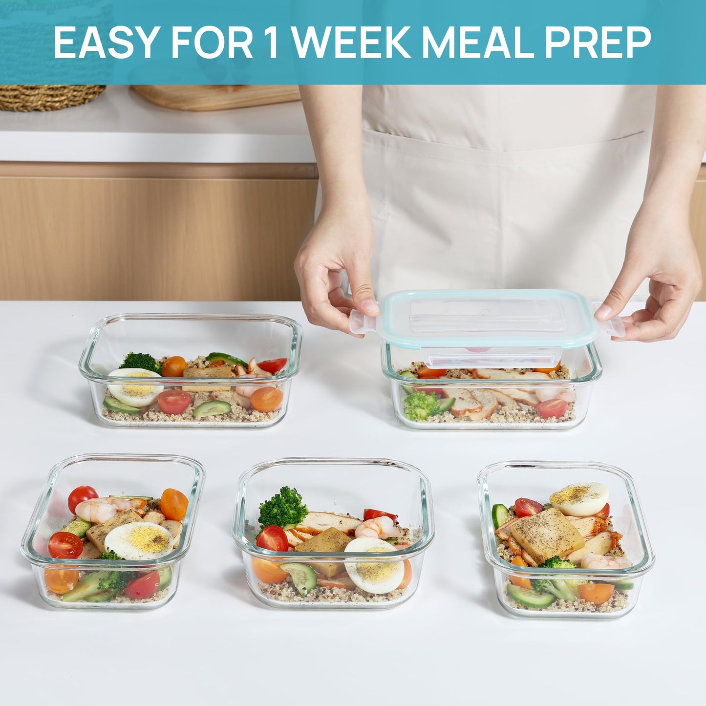 Vtopmart 15 Pack Glass Food Storage Containers, Meal Prep Containers with Lids, Airtight Glass Bento Boxes with Leak Proof Locking Lids, for Microwave, Oven, Freezer and Dishwasher, Green