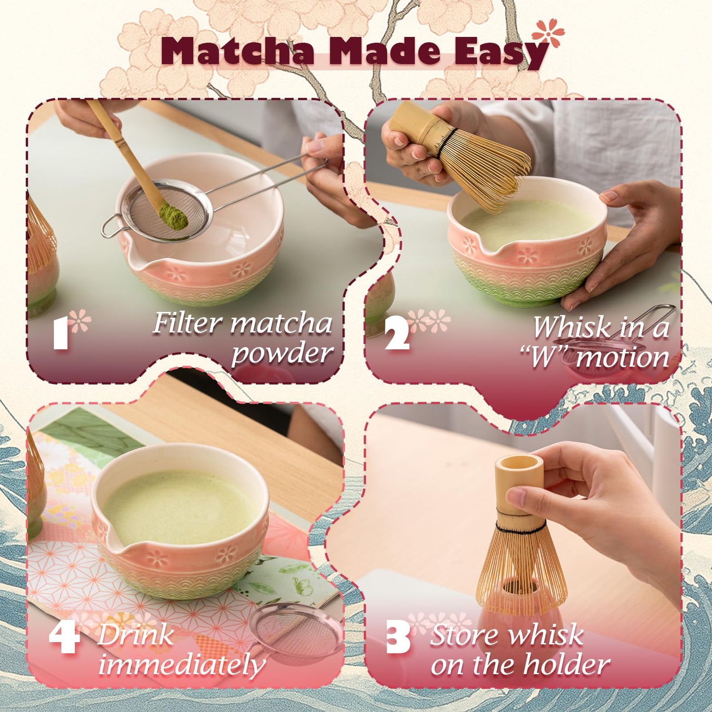 Matcha Tea Set, 8 Pcs Japanese Matcha Kit with Cherry Blossom and Wave Design Ceramic Bowl, Bamboo Whisk, Whisk Holder, Scoop, Sifter, Brush, Matcha Whisk Set for Matcha Lovers (Pink-Green)
