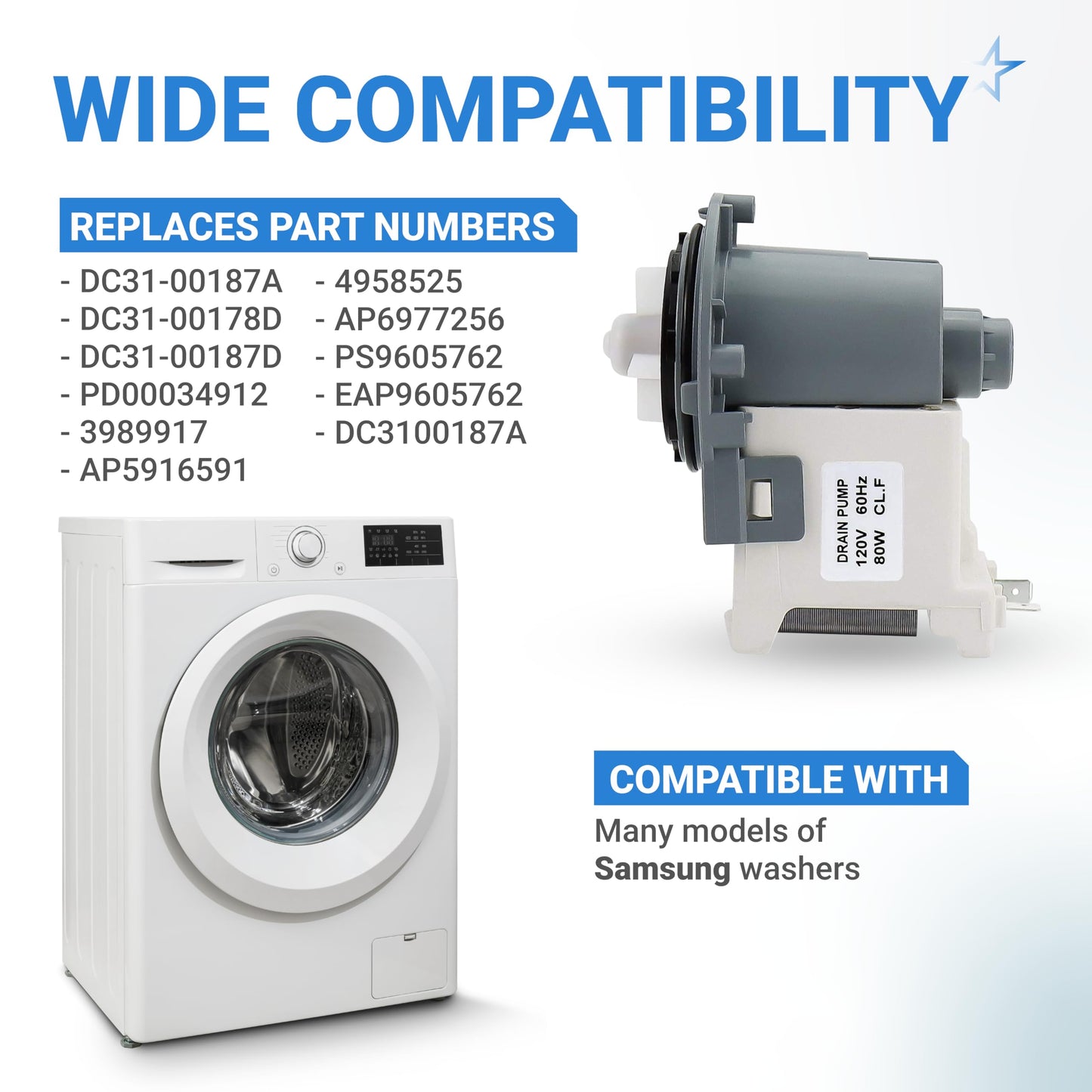 [Upgraded] DC31-00178A PX3516-01 Washer Drain Pump Motor for Samsung, Whirlpool WA50K8600AW WA48J7770AW WA50K8600AV WF42H5000AW/A2 - Replaces PD00034912 3989917 EAP9605762 DC31-00178D