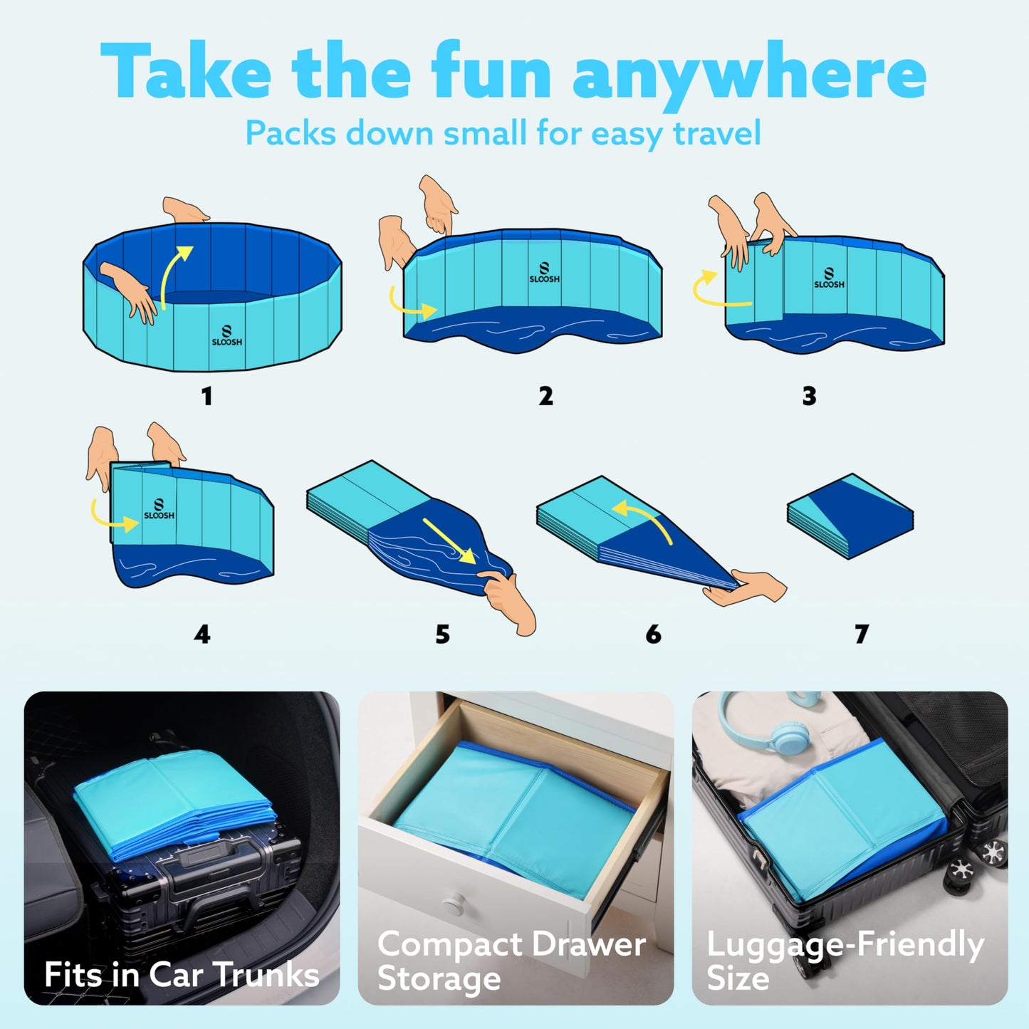 SLOOSH Foldable Dog Kiddie Pool - Portable Hard Plastic Doggie Swimming Pool, Anti-Slip Collapsible Pets Bath Tub Suitable for Kids Toddler Indoor Outdoor Backyard Use (48" x 12", Blue)