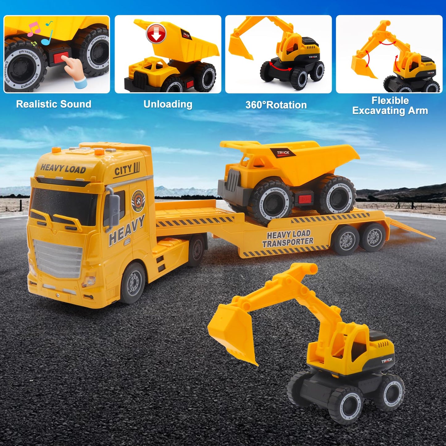 Yiwsnust Large Flatbed Semi Truck Toy for Kids, 25.6'' Construction Carrier Semi Truck with Excavator and Dump Trucks, Friction Powered Construction Transport Truck Kids Toy with Light & Sound