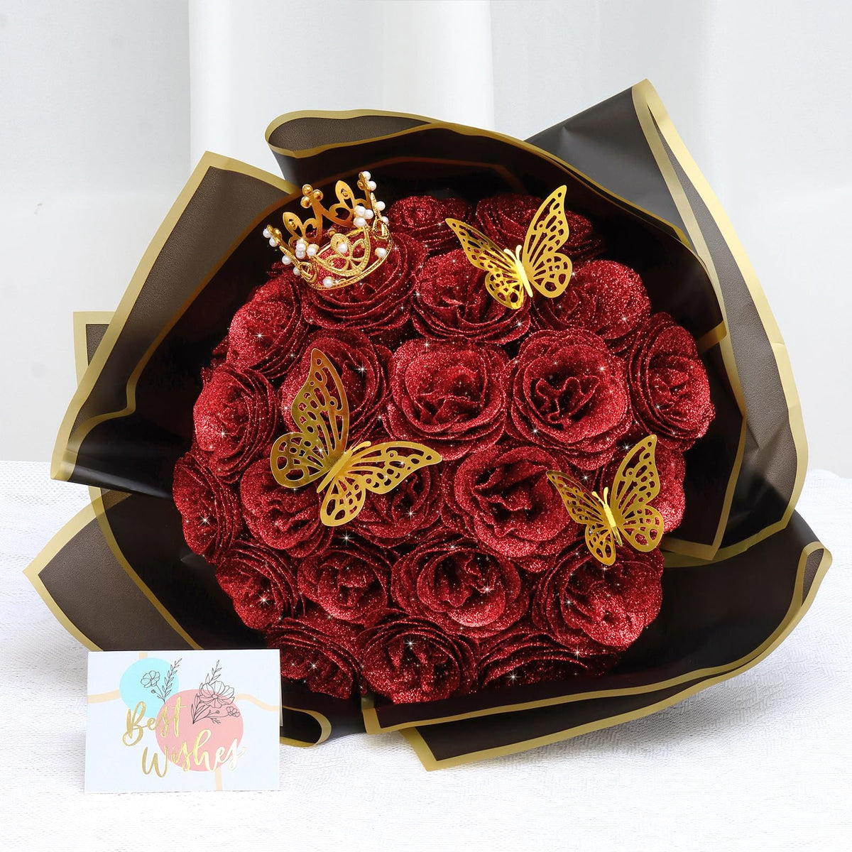 Dremisland Glitter Roses Bouquet 26 Pack DIY Glitter Flowers with Crown Butterfly Shiny Artificial Rose Birthday Gifts for Women, Mothers Day Flowers Anniversary Valentines Day Wedding Graduation Gift