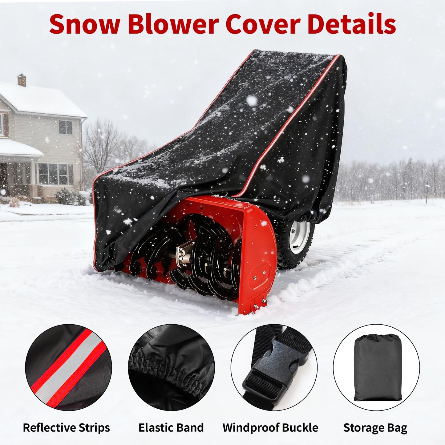 AUTOLION Snow Blower Cover, Heavy Duty 600D Oxford Fabric, Bottom Elastic Band and Reflective Strips on Both Sides, Universal Snowblower All-Weather Outdoor Waterproof Snow Protection Cover (Black)