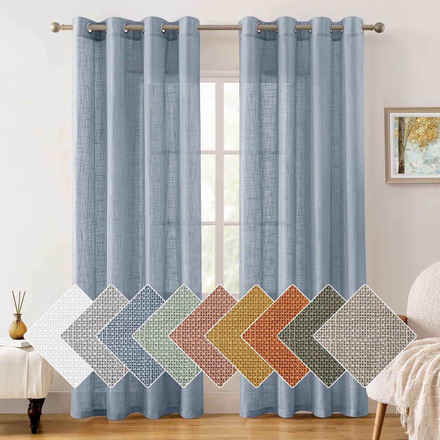 HOMEIDEAS Stone Blue Linen Textured Sheer Curtains, 84 Inches Long 2 Panels Semi Sheer Curtains Farmhouse Window Drapes for Bedroom Living Room, 2 Panels, W52 x L84