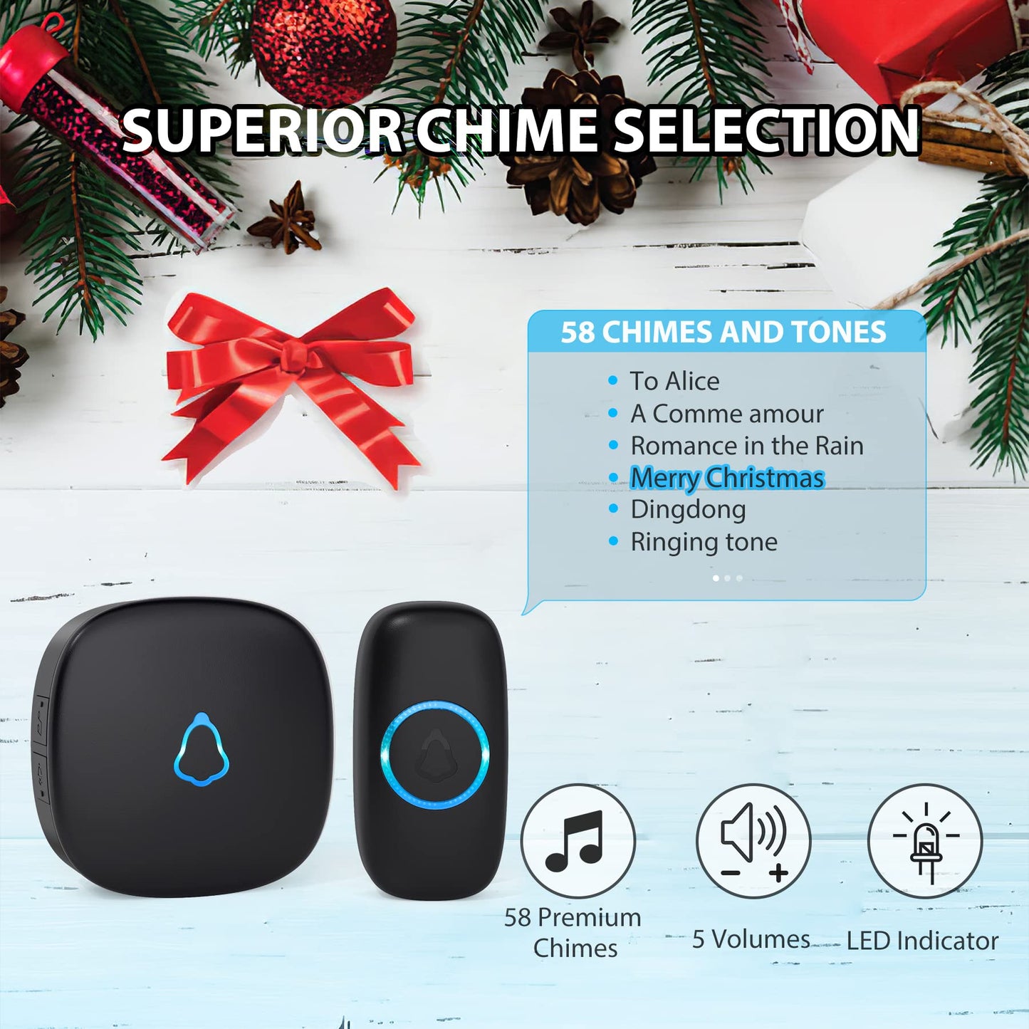 SECRUI Wireless Doorbell, Waterproof Mini Doorbell 1,000ft Range Loud Enough with 5 Volume Levels Door Chimes, 58 Ringtones & Colorful LED Flashing-with 2 Receivers and 2 Push Buttons(Black)