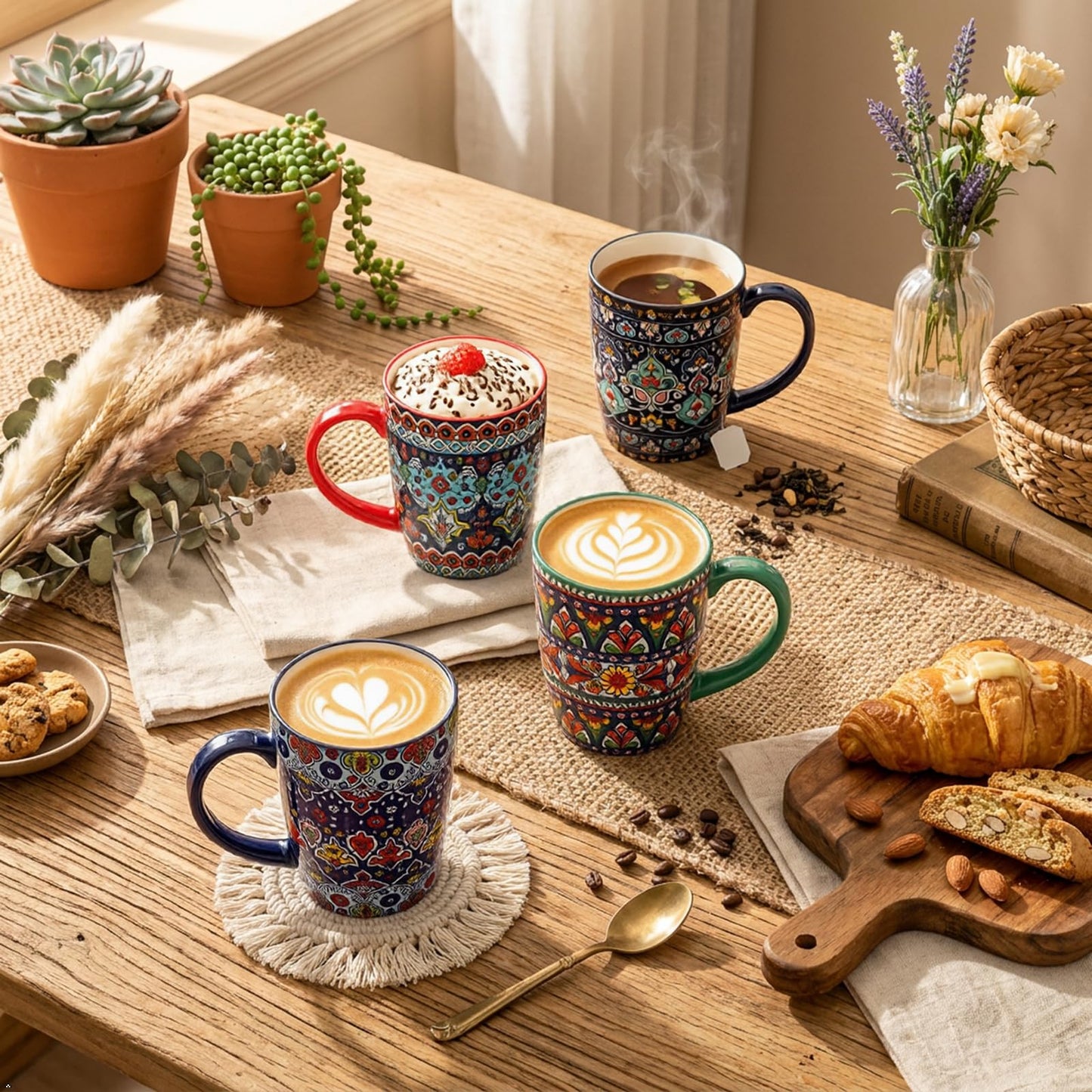 glowworm 16 oz Coffee Mugs Set of 4, Large Ceramic Coffee Cups, Colorful Mugs Set with Handles for Latte, Hot Cocoa, Tea, Housewarming Gift, Dishwasher & Microwave Safe, Bohemian