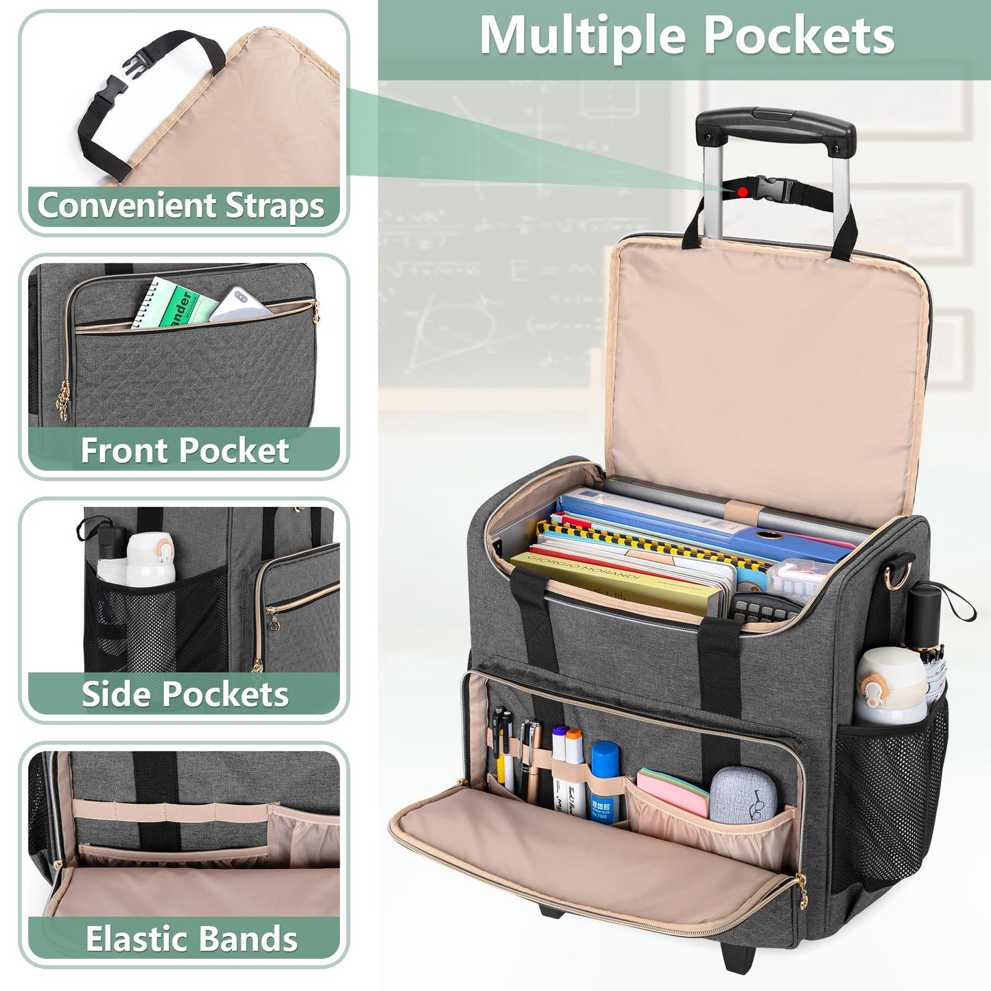 Luxja Rolling Teacher Bag with Laptop Compartment and Detachable Dolly, Multifunctional Rolling Teacher Tote Bag (Patent Pending), Gray