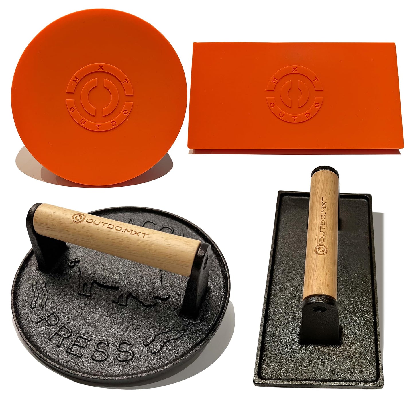 OUTDO.MXT Cast Iron 7" & 8.5" X 4.3" Smash Burger Press, Heavy Duty Burger Smasher with Wooden Handle and Silicone Protective Cover for Griddle,Grill Press for Hamburger, Bacon, Barbecue Grilling Tool