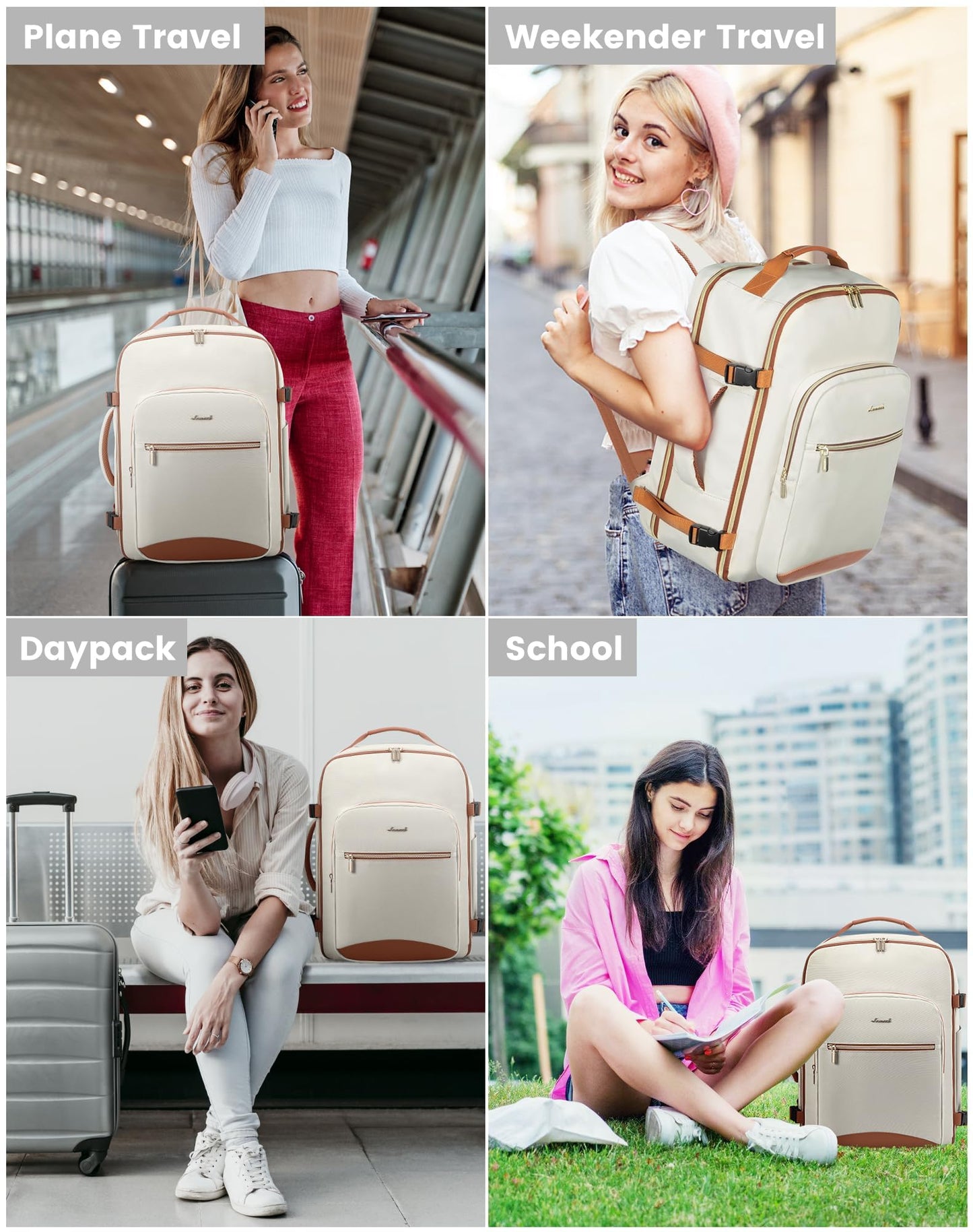LOVEVOOK Travel Backpack Women, Flight Approved Carry On with 17.3inch Laptop Compartment, Personal Item with 3 Packing Cubes, Perfect for College, Hiking, Overnight, Beige