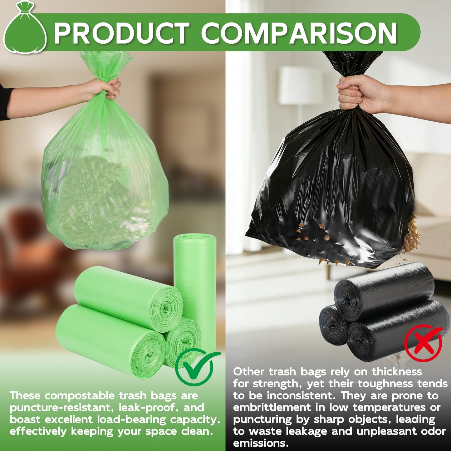 Biodegradable Garbage Bag, 75L Heavy Duty Organic Garbage Bags, 100 Count Large Compost Bags for Household/Garden/Kitchen