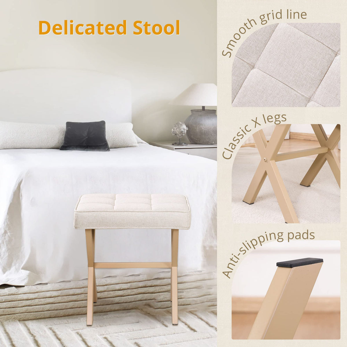 LUE BONA Vanity Stool, Square Linen Makeup Stool with Metal X Legs, Modern Padded Vanity Seat Foot Rest Stool for Makeup Room, Bathroom, Linen Color